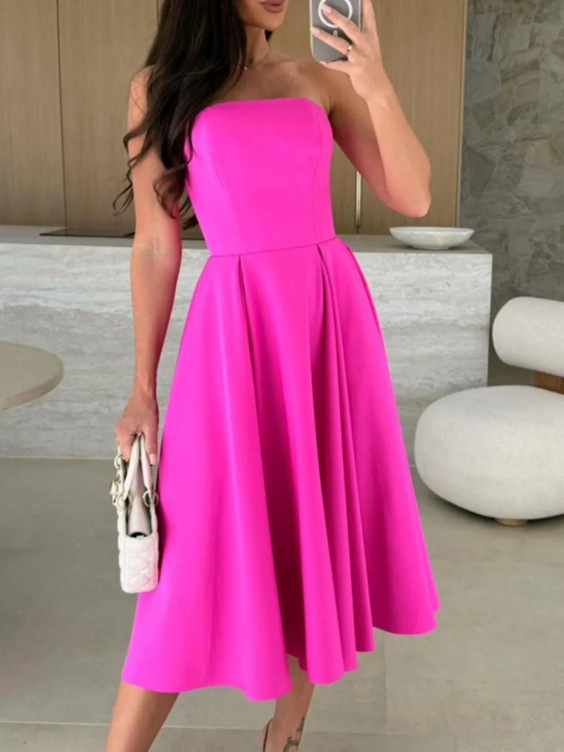 Crowned Energy CO. Hot Pink / S Trendsi Dresses/Midi Dresses Solid Color Tube Midi Dress
