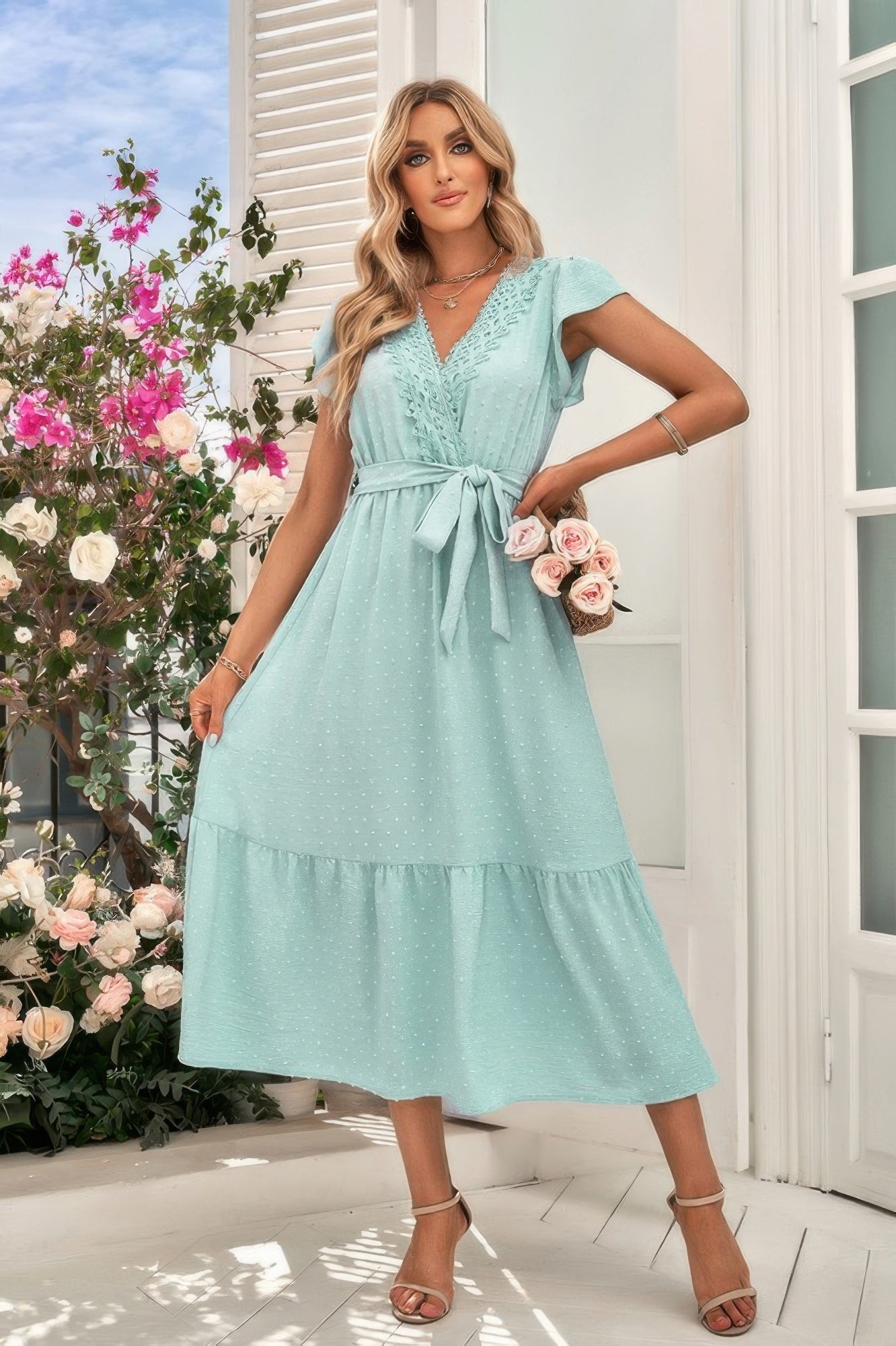 Crowned Energy CO. Light Green / S CCWHOLESALECLOTHING Dresses/Floral Dresses Solid Deep V Dot Lace Belt Long Dress