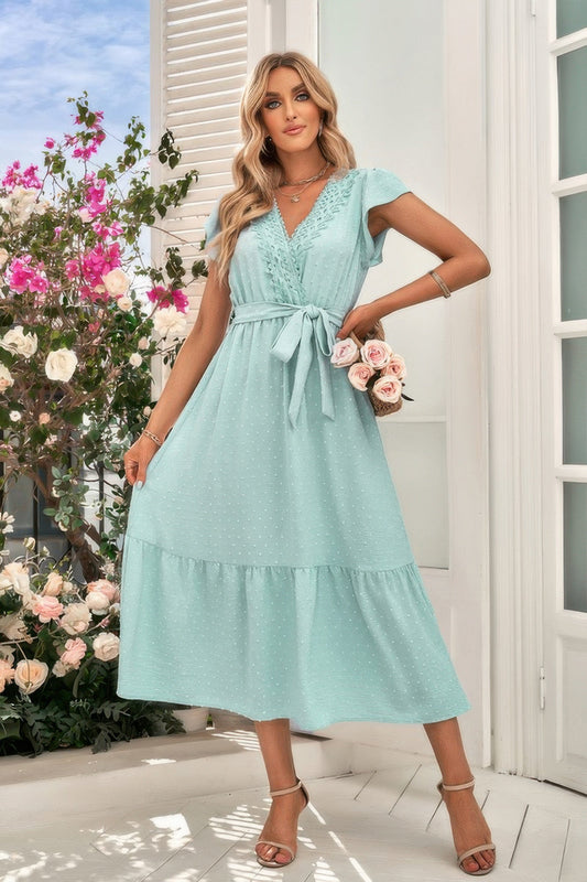 Crowned Energy CO. Light Green / S CCWHOLESALECLOTHING Dresses/Floral Dresses Solid Deep V Dot Lace Belt Long Dress