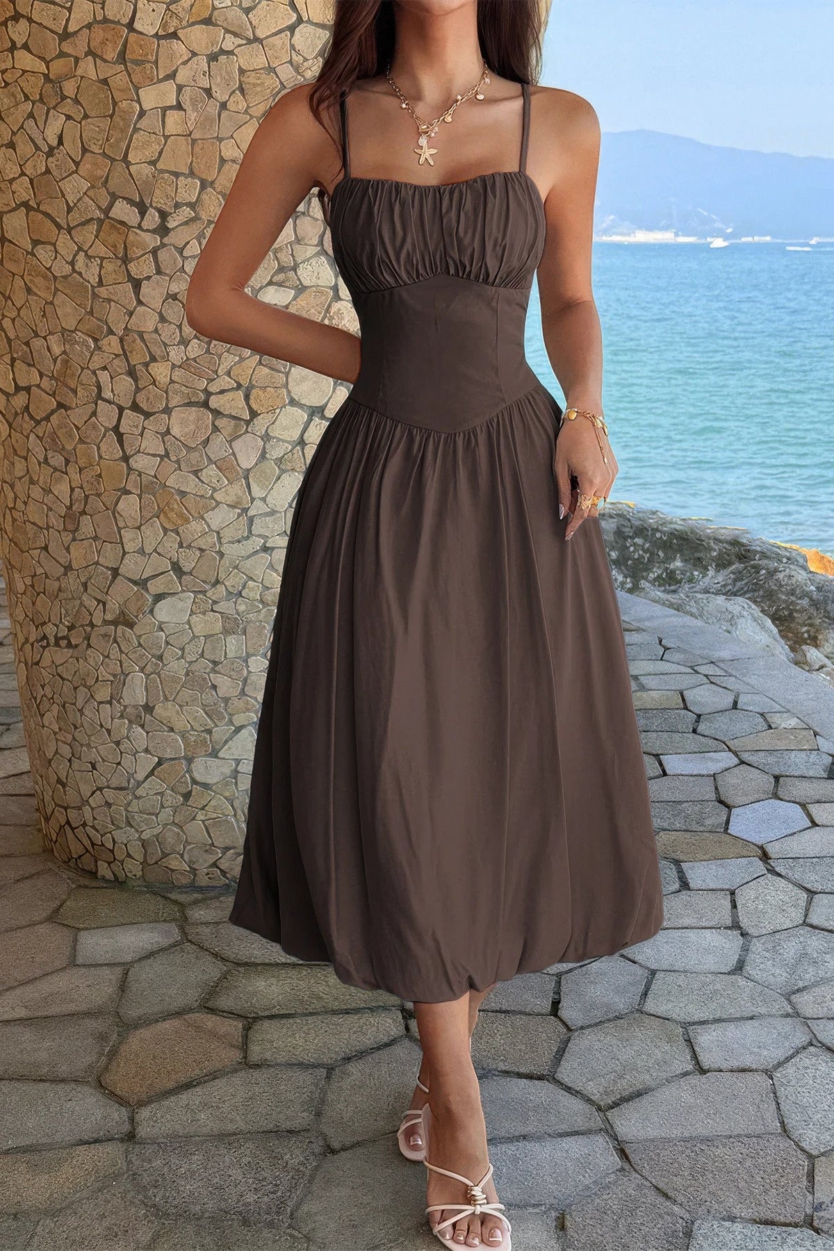 Solid Sleeveless Ruched Bust A Line Dress - Crowned Energy CO.