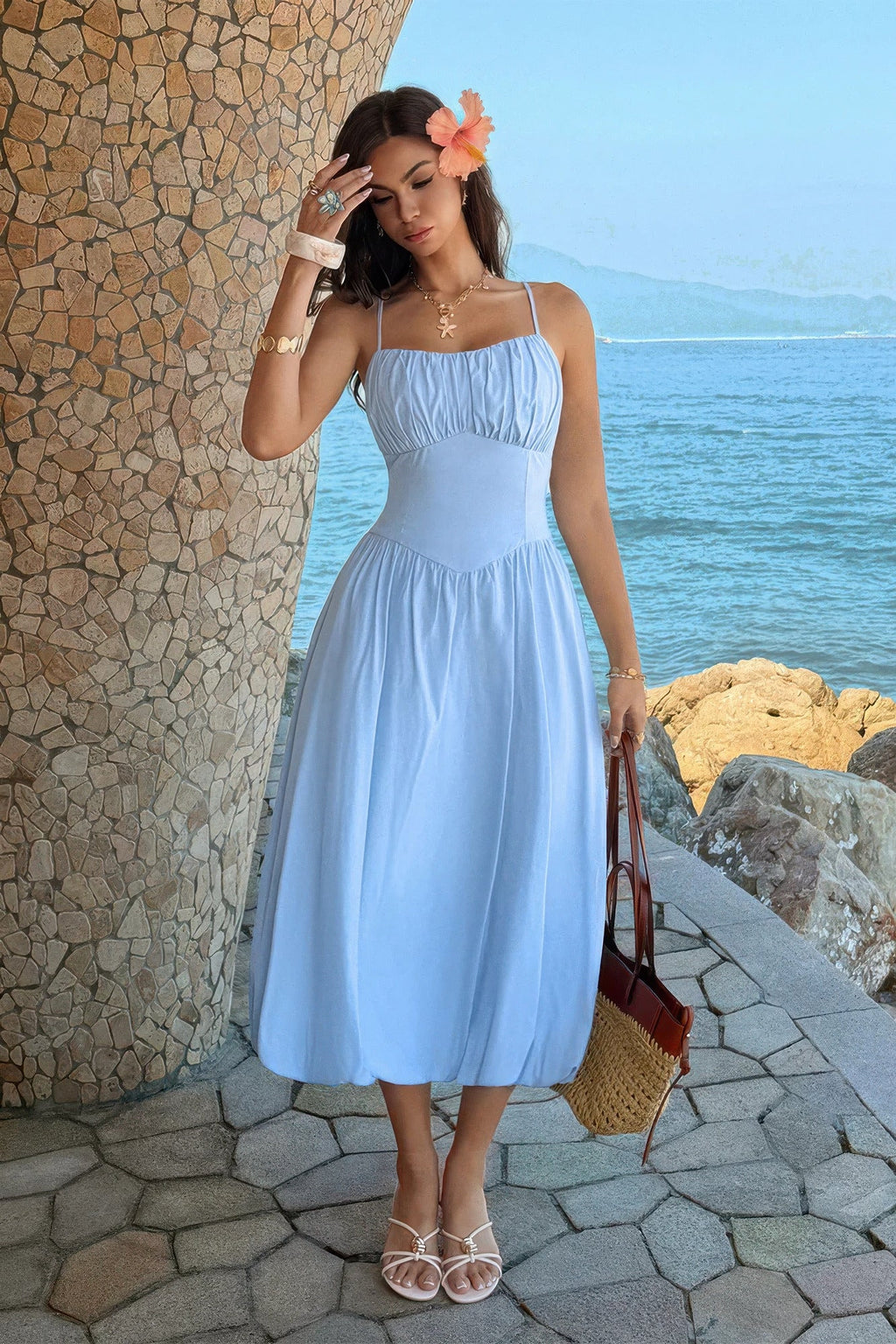 Solid Sleeveless Ruched Bust A Line Dress - Crowned Energy CO.