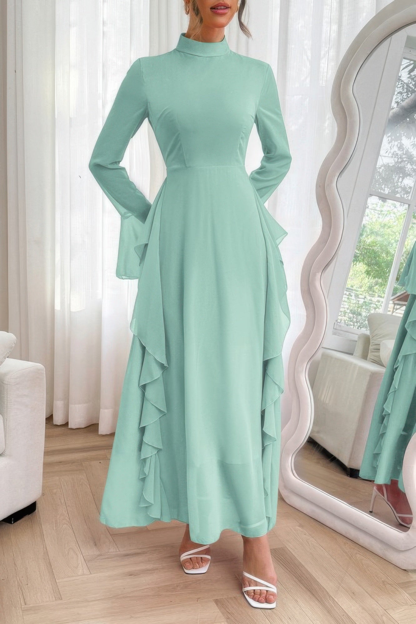 Crowned Energy CO. Green / S CCWHOLESALECLOTHING Dresses Solid Stand Collar Flare Sleeve Ruffle Full Dress