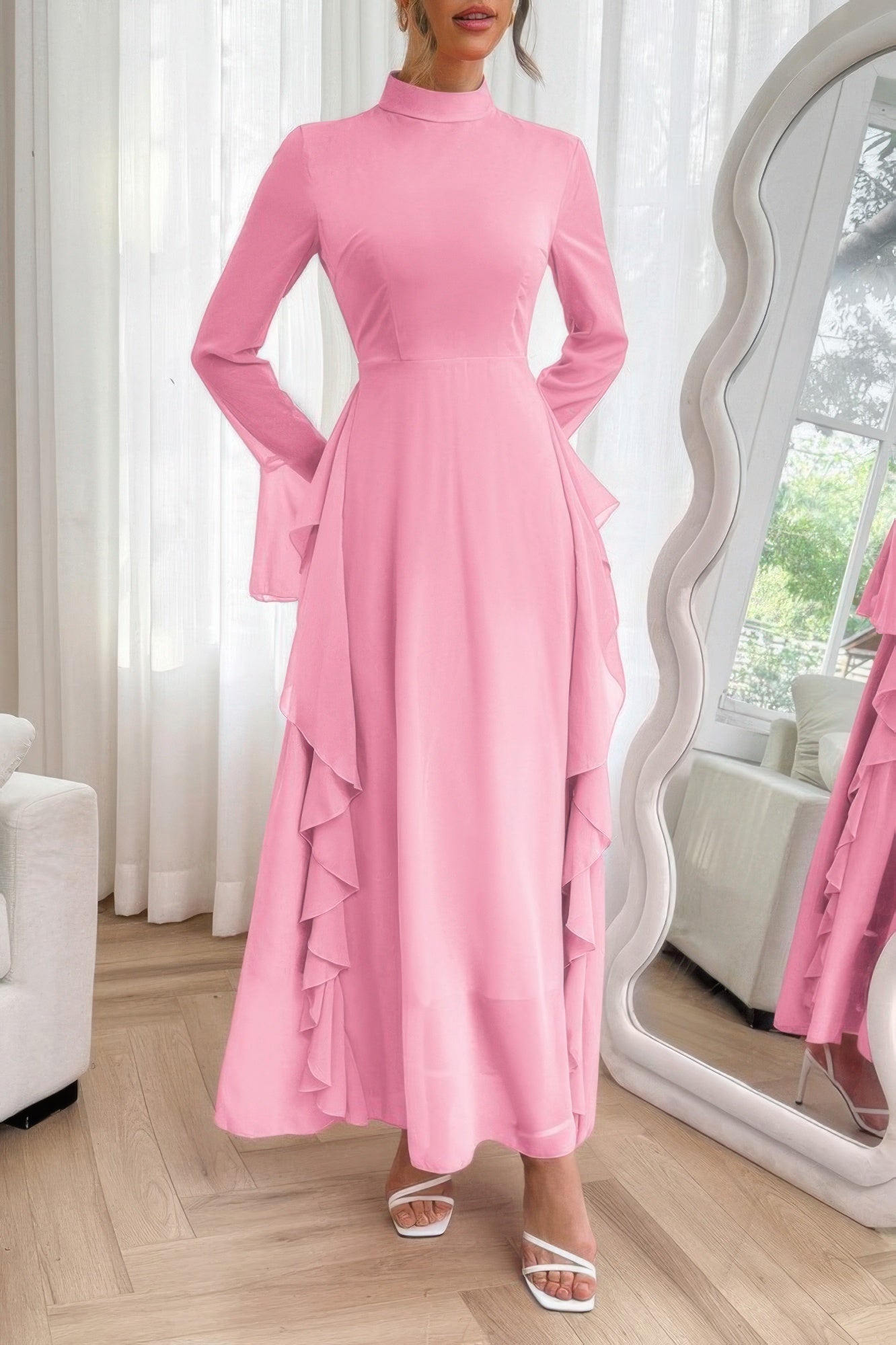 Crowned Energy CO. Pink / S CCWHOLESALECLOTHING Dresses Solid Stand Collar Flare Sleeve Ruffle Full Dress