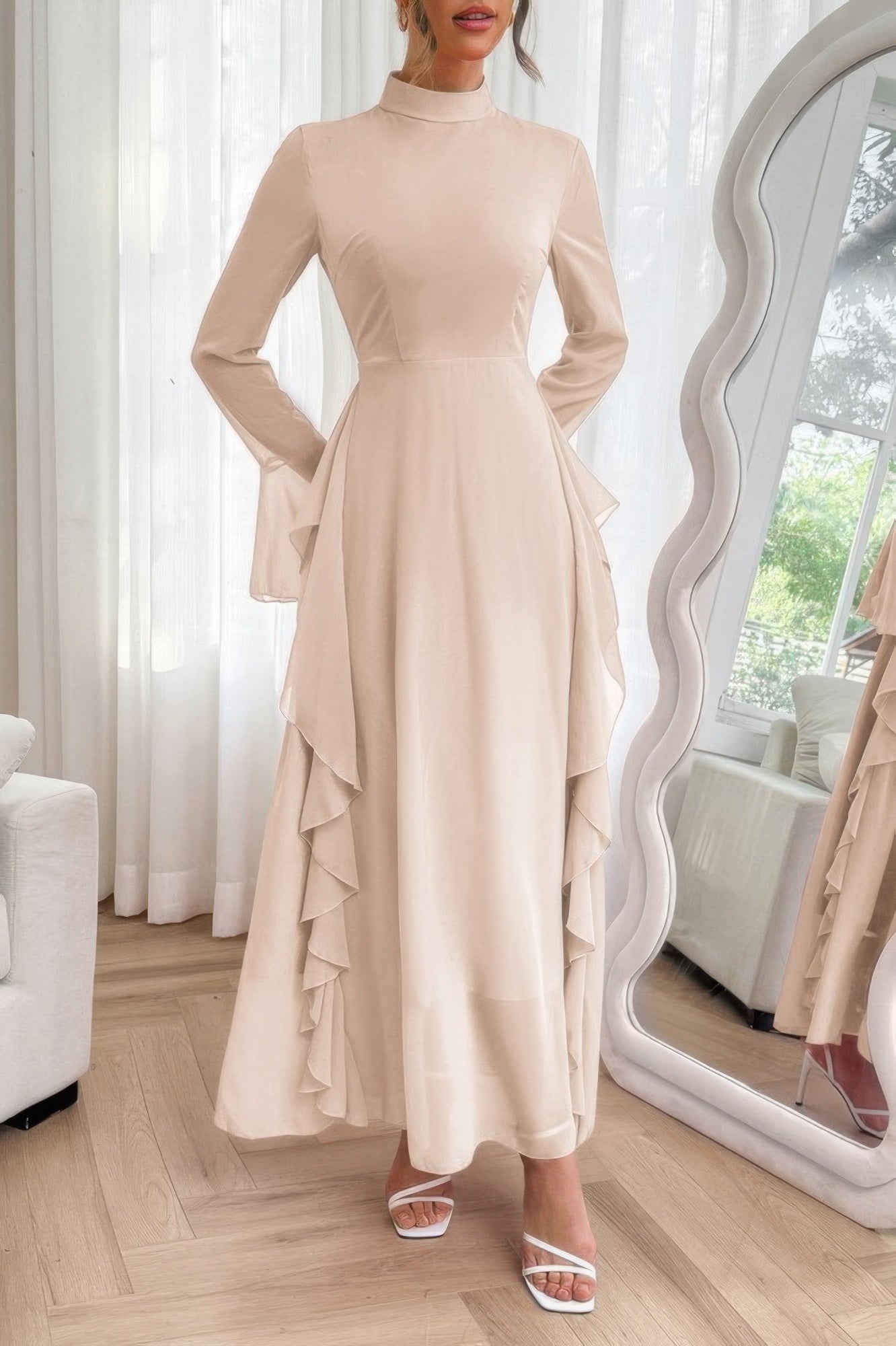 Crowned Energy CO. Light Pink / S CCWHOLESALECLOTHING Dresses Solid Stand Collar Flare Sleeve Ruffle Full Dress