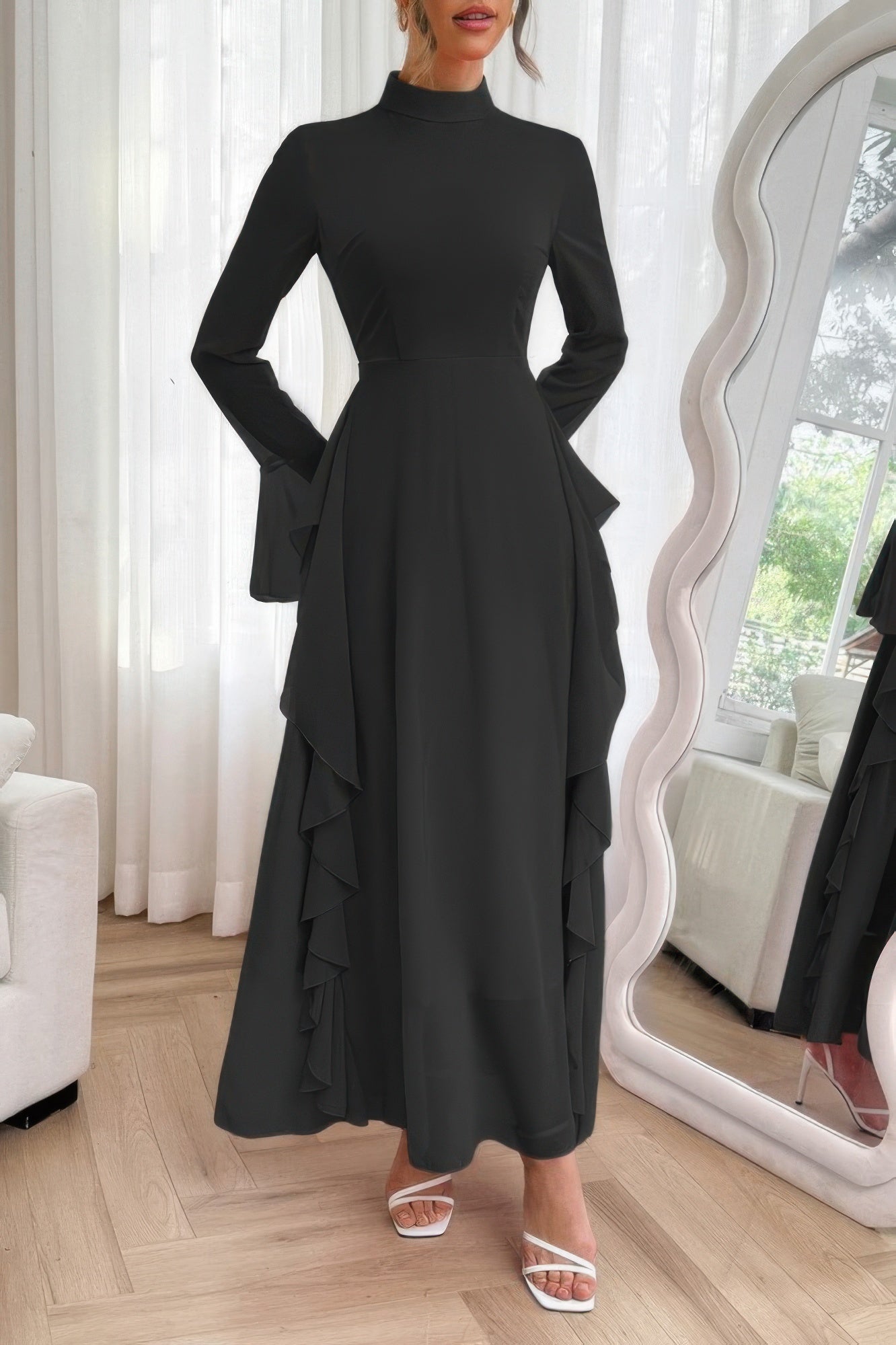 Crowned Energy CO. Black / S CCWHOLESALECLOTHING Dresses Solid Stand Collar Flare Sleeve Ruffle Full Dress