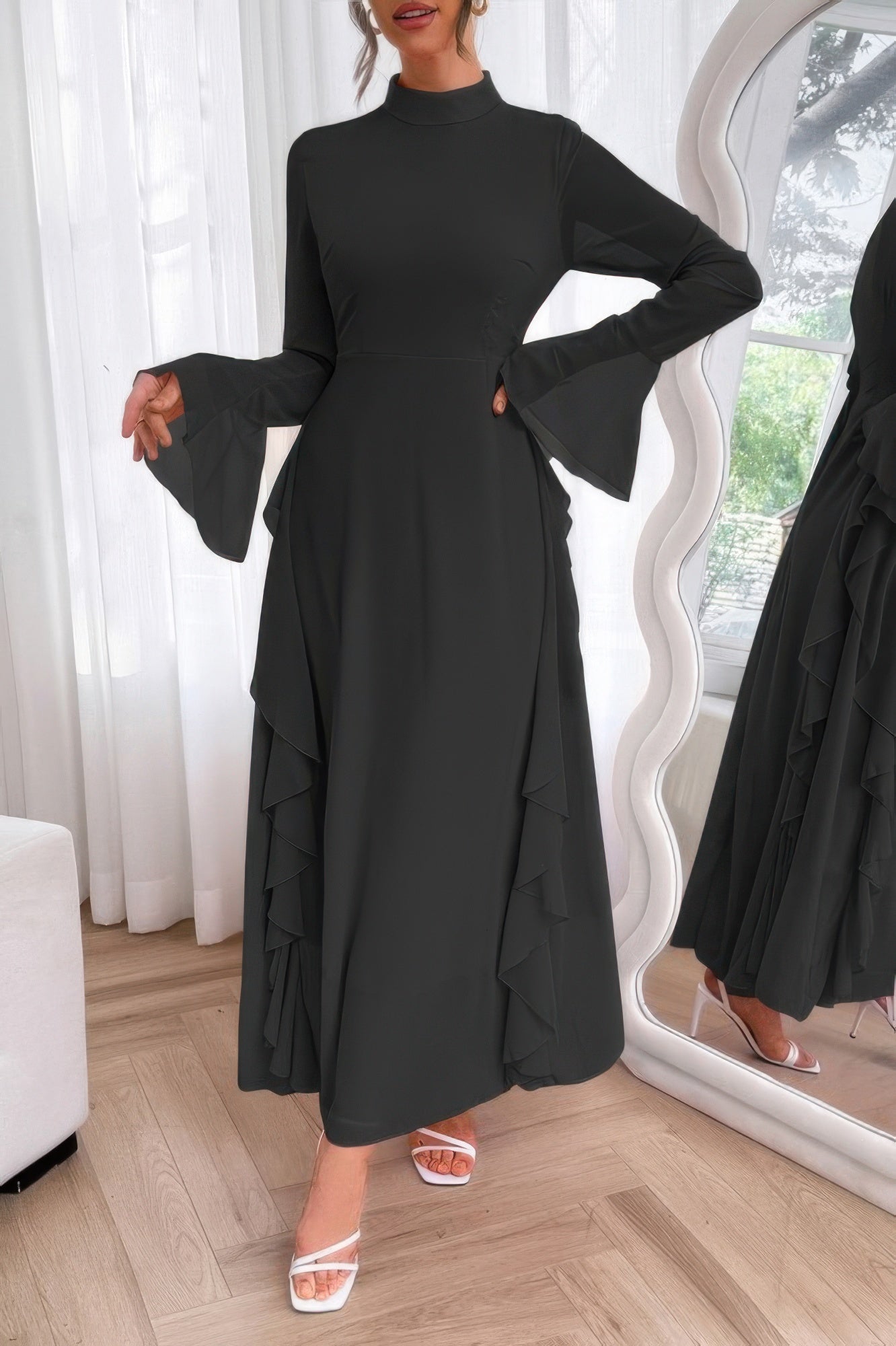 Crowned Energy CO. Black / S CCWHOLESALECLOTHING Dresses Solid Stand Collar Flare Sleeve Ruffle Full Dress