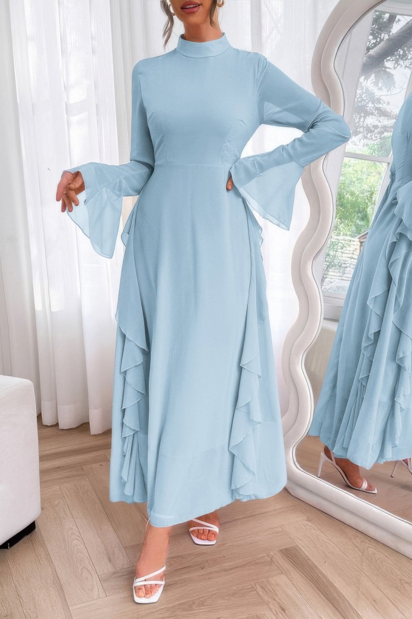 Crowned Energy CO. Blue / S CCWHOLESALECLOTHING Dresses Solid Stand Collar Flare Sleeve Ruffle Full Dress