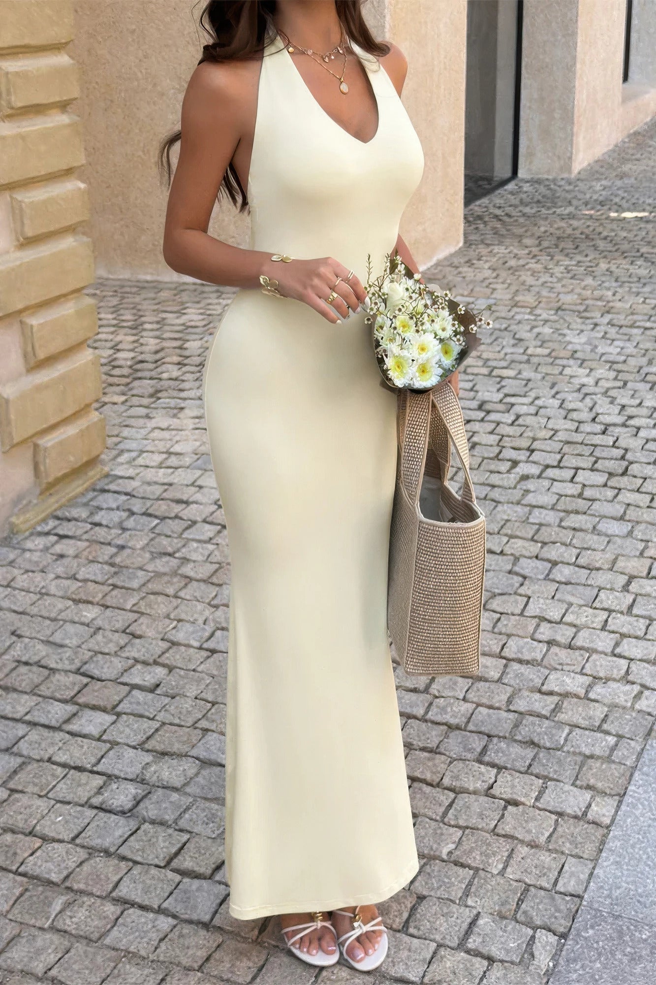 Solid V-Neck Halter Maxi Dress with Back Split - Crowned Energy CO.