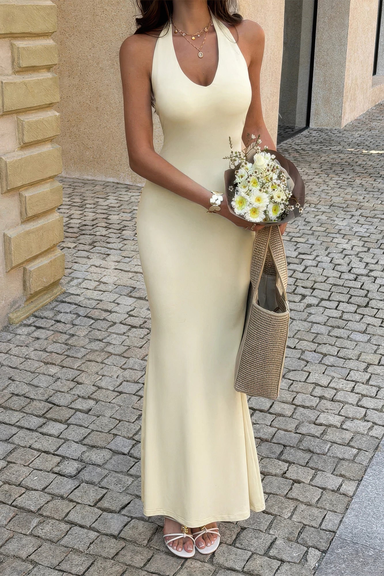 Solid V-Neck Halter Maxi Dress with Back Split - Crowned Energy CO.