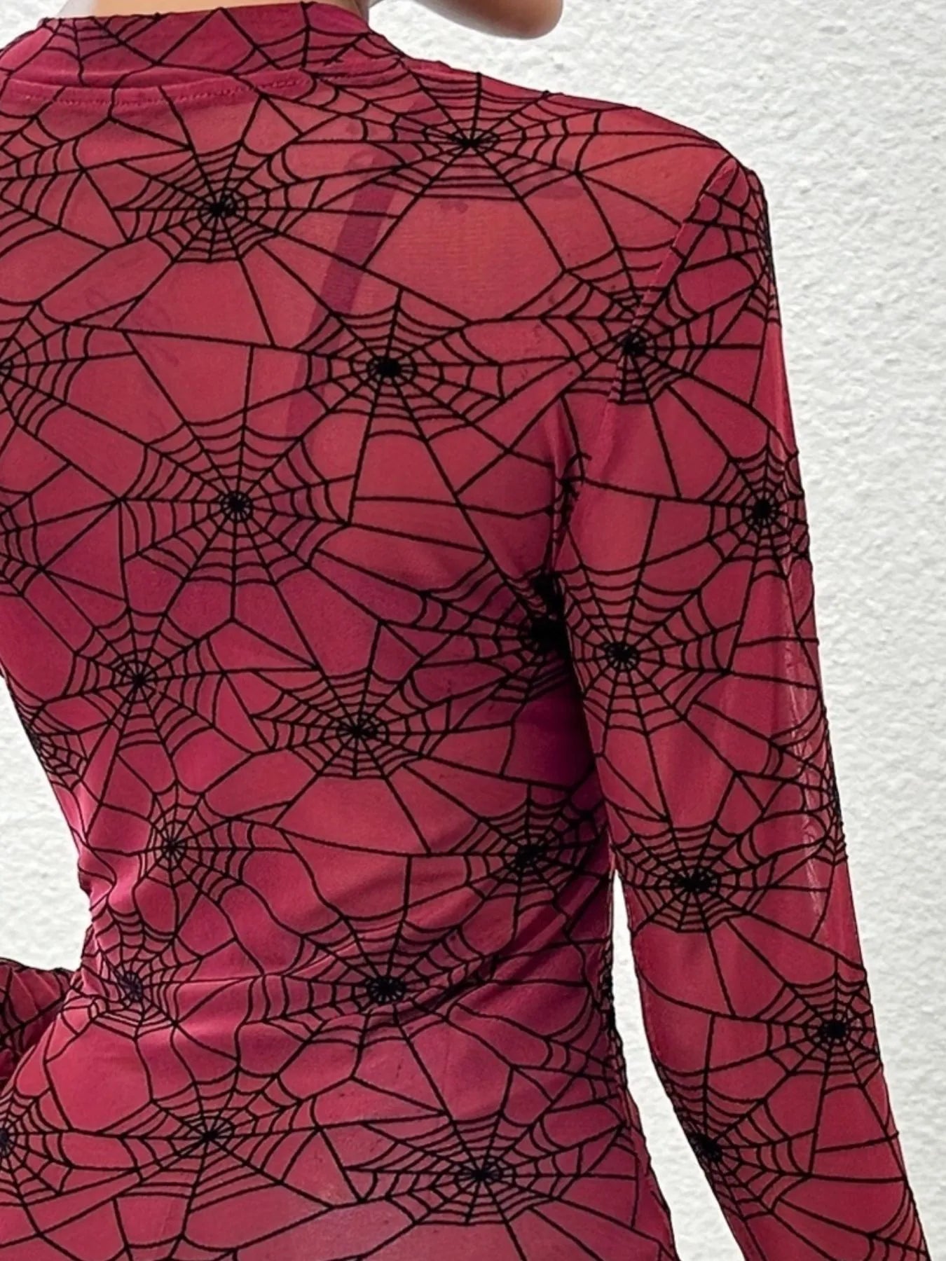 Crowned Energy CO. Burgundy / S Trendsi Tops/Blouses & Shirts Spider Web Print Long Sleeve Blouse