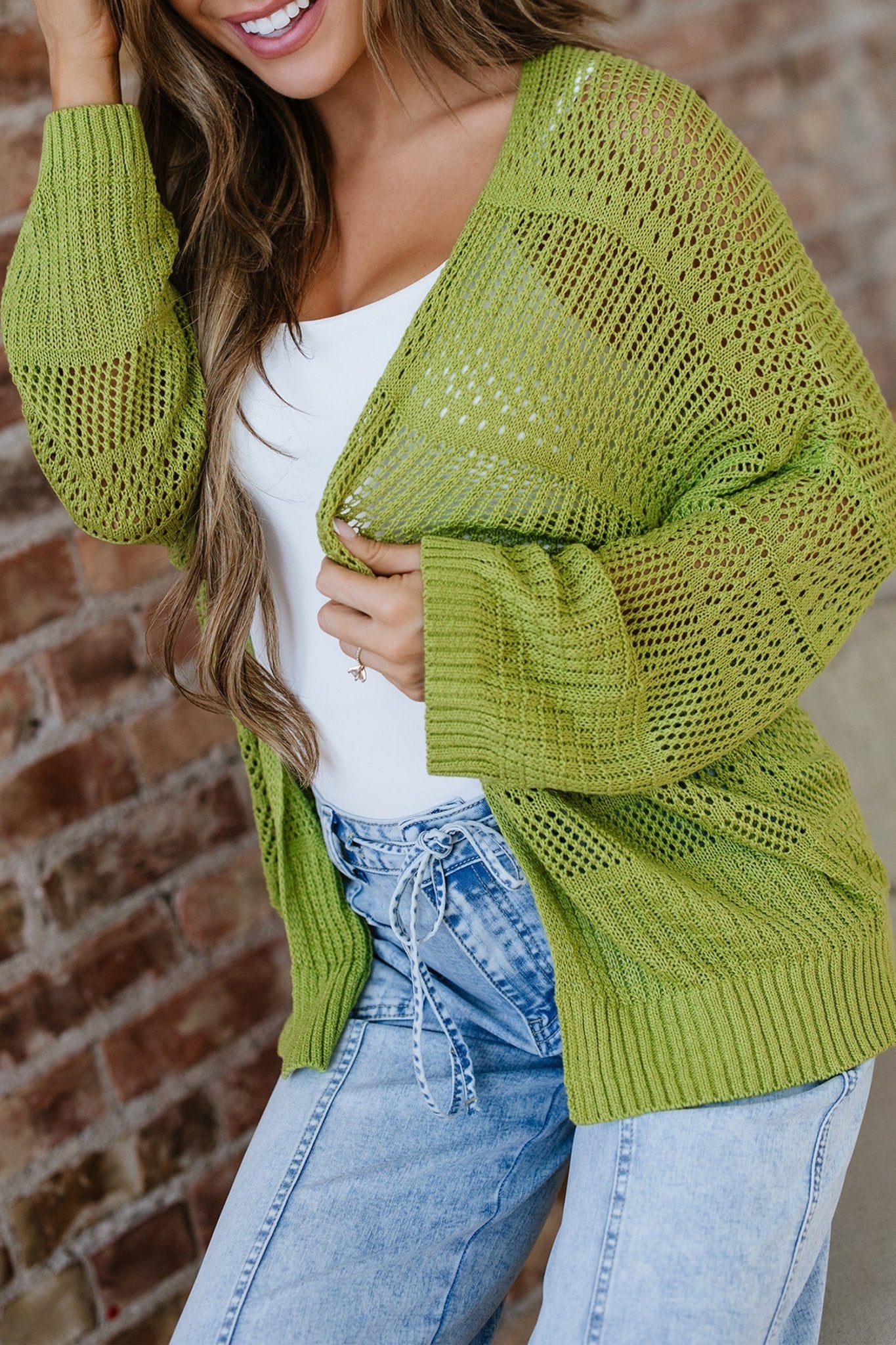 Spinach Green Oversize Crochet Knit Open Cardigan - Crowned Energy CO.