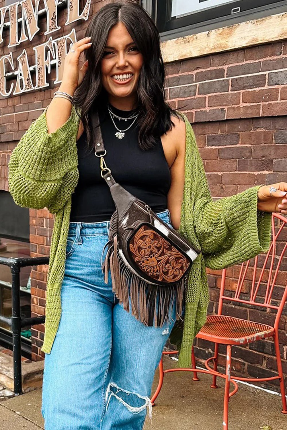 Spinach Green Oversize Crochet Knit Open Cardigan - Crowned Energy CO.