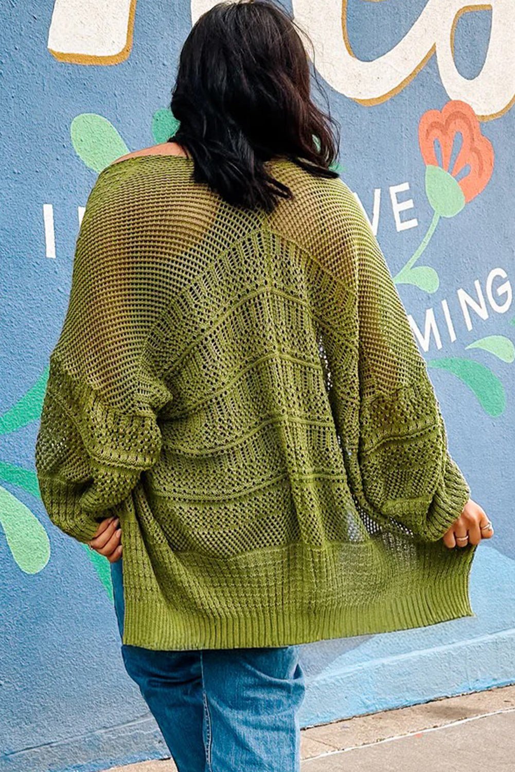 Spinach Green Oversize Crochet Knit Open Cardigan - Crowned Energy CO.