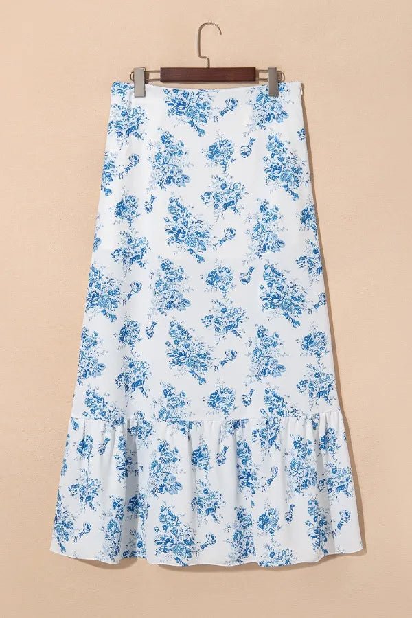 Crowned Energy CO. Light Blue / S Trendsi Dresses/Floral Dresses Split Asymmetrical Ruffled Printed Skirt