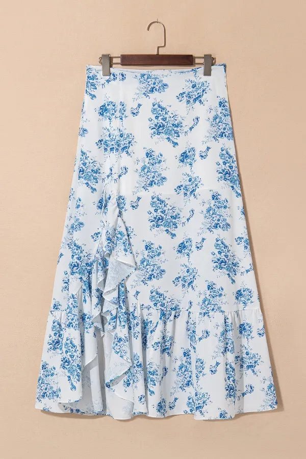 Crowned Energy CO. Light Blue / S Trendsi Dresses/Floral Dresses Split Asymmetrical Ruffled Printed Skirt