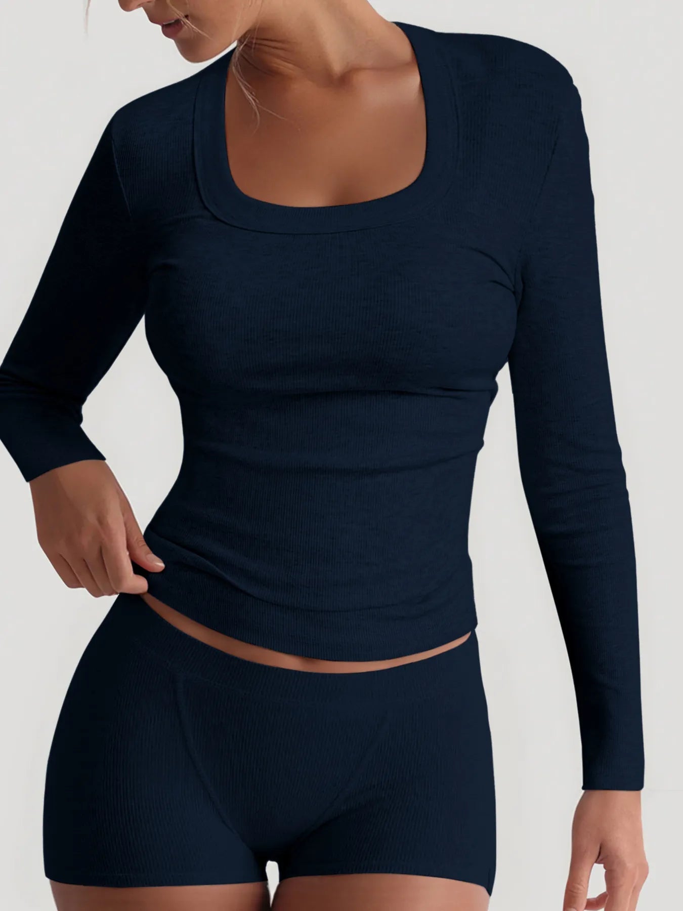 Crowned Energy CO. Navy / S Trendsi OUTFIT SET Square Neck Long Sleeve Top and Shorts Set