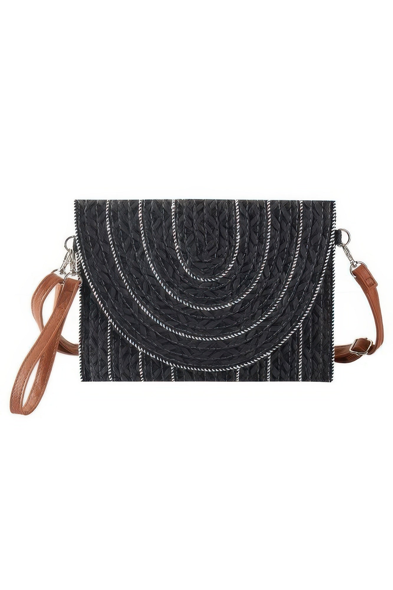 Crowned Energy CO. Black HD ACCESSORIES Stitch Detailed Straw Clutch & Crossbody Bag