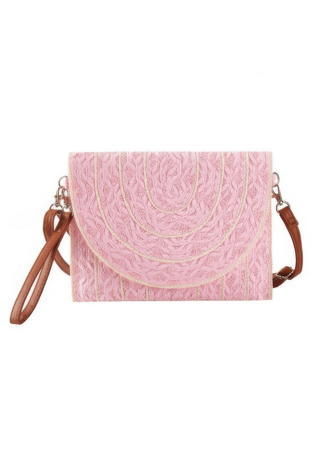 Crowned Energy CO. Pink HD ACCESSORIES Stitch Detailed Straw Clutch & Crossbody Bag
