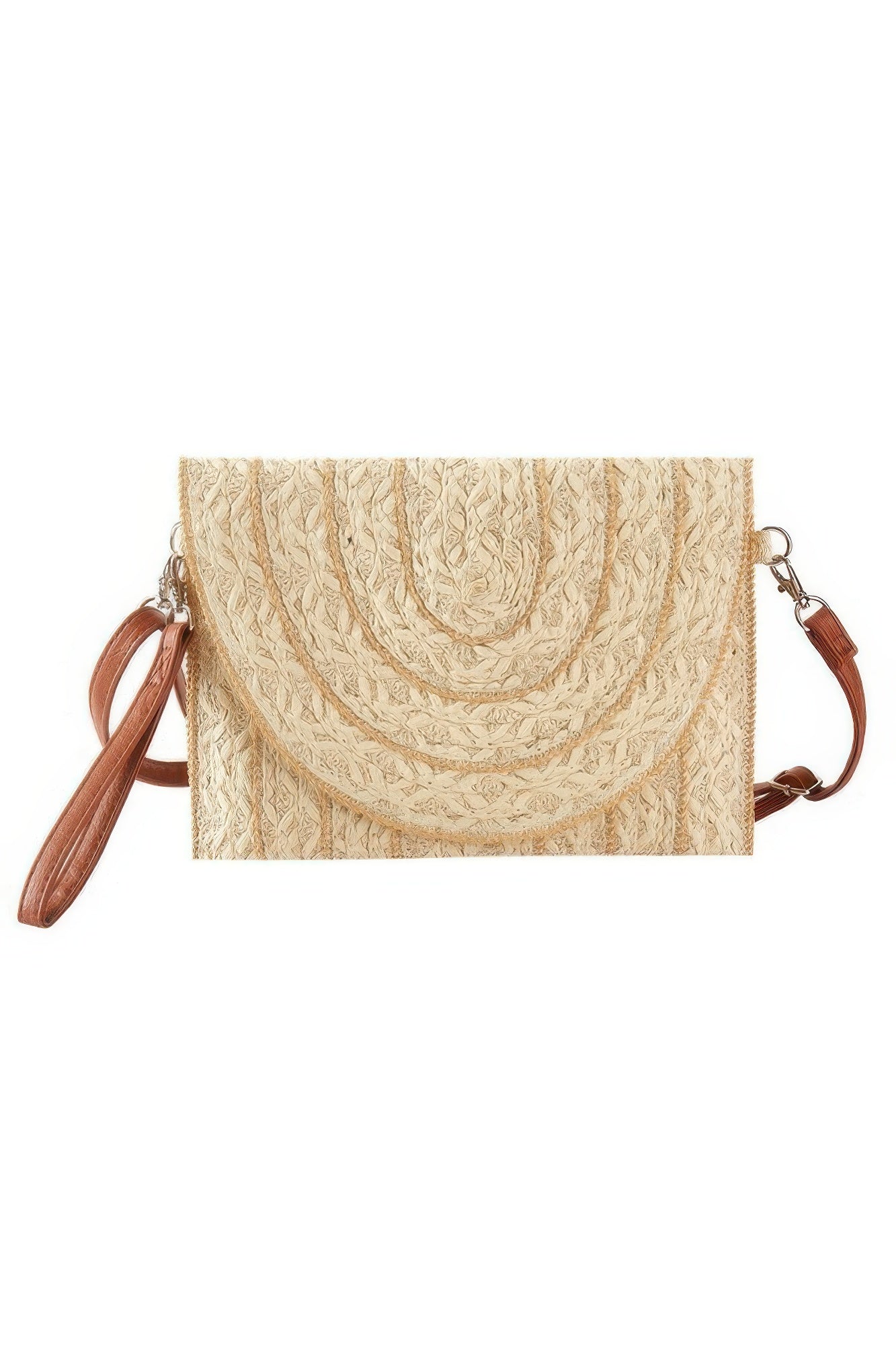 Crowned Energy CO. Beige HD ACCESSORIES Stitch Detailed Straw Clutch & Crossbody Bag