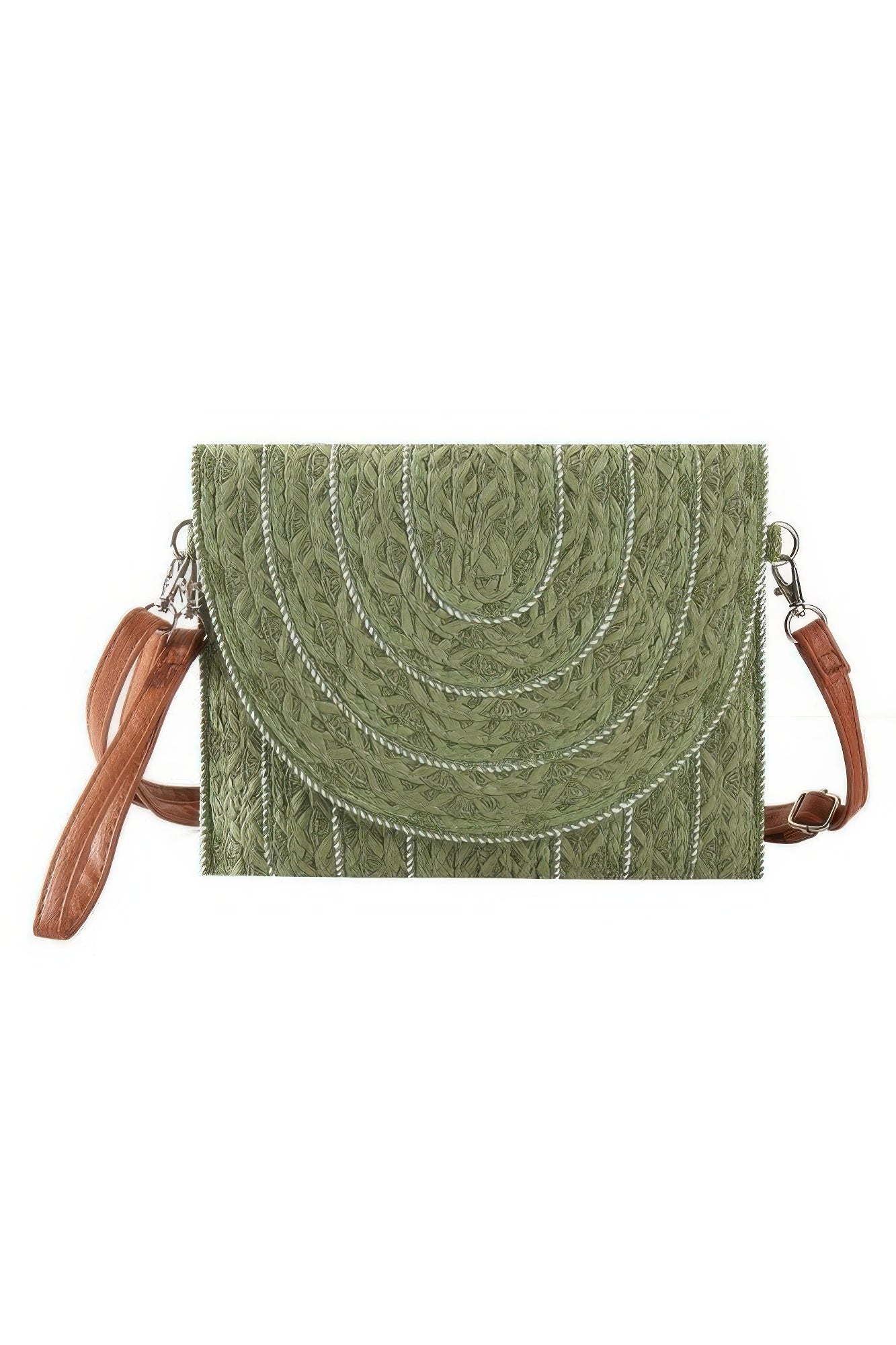 Crowned Energy CO. Olive HD ACCESSORIES Stitch Detailed Straw Clutch & Crossbody Bag