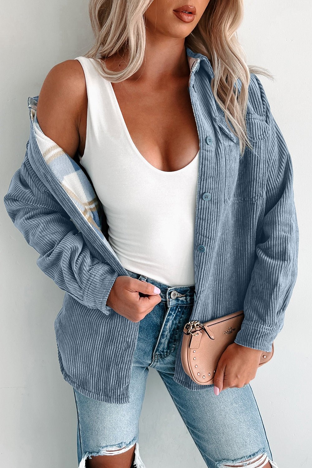 Stone Blue Plaid Corduroy Reversible Button Up Shacket - Crowned Energy CO.