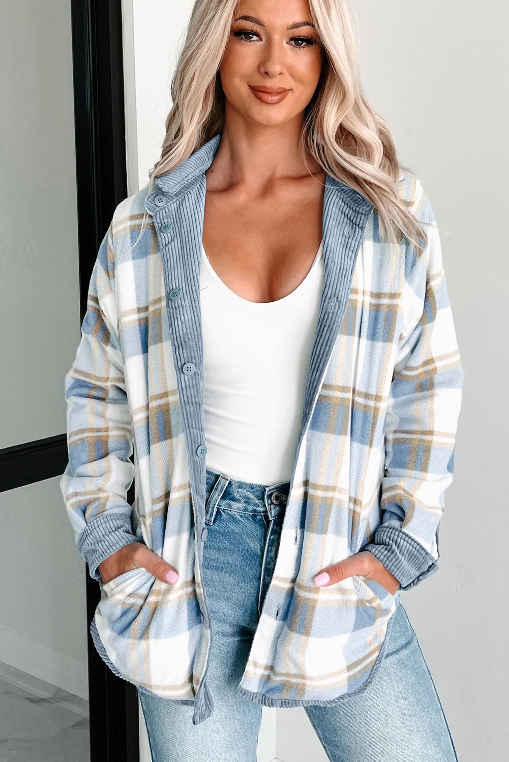 Stone Blue Plaid Corduroy Reversible Button Up Shacket - Crowned Energy CO.