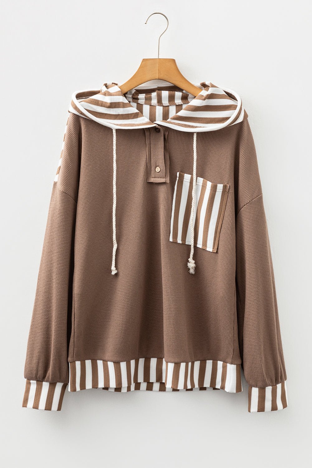Crowned Energy CO. Straw Yellow / S / 75%Polyester+25%Cotton Dear-Lover Dropshipping Tops/Long Sleeve Tops Straw Yellow Waffle Texture Striped Patchwork Button Neck Drawstring Hoodie