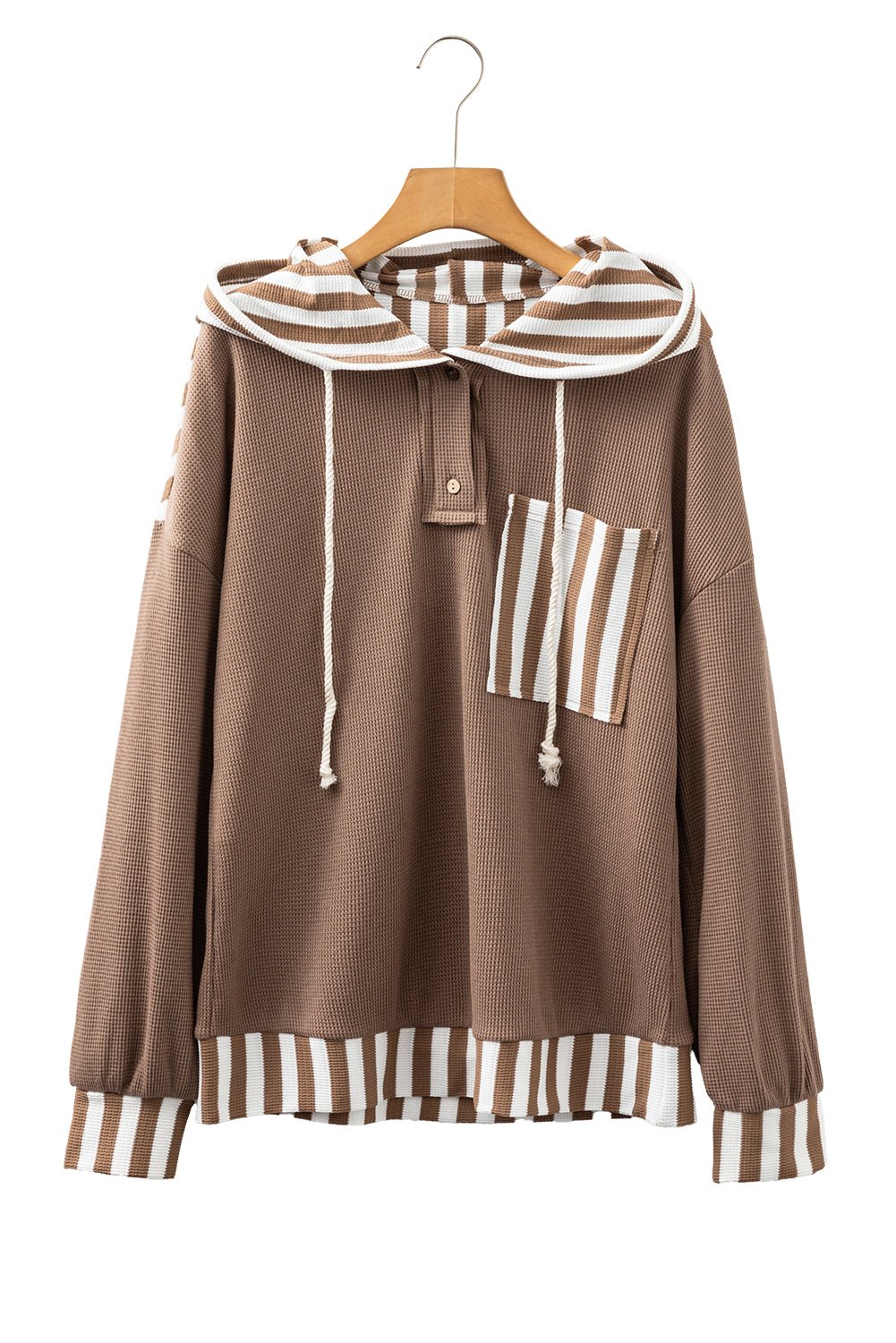 Crowned Energy CO. Straw Yellow / S / 75%Polyester+25%Cotton Dear-Lover Dropshipping Tops/Long Sleeve Tops Straw Yellow Waffle Texture Striped Patchwork Button Neck Drawstring Hoodie