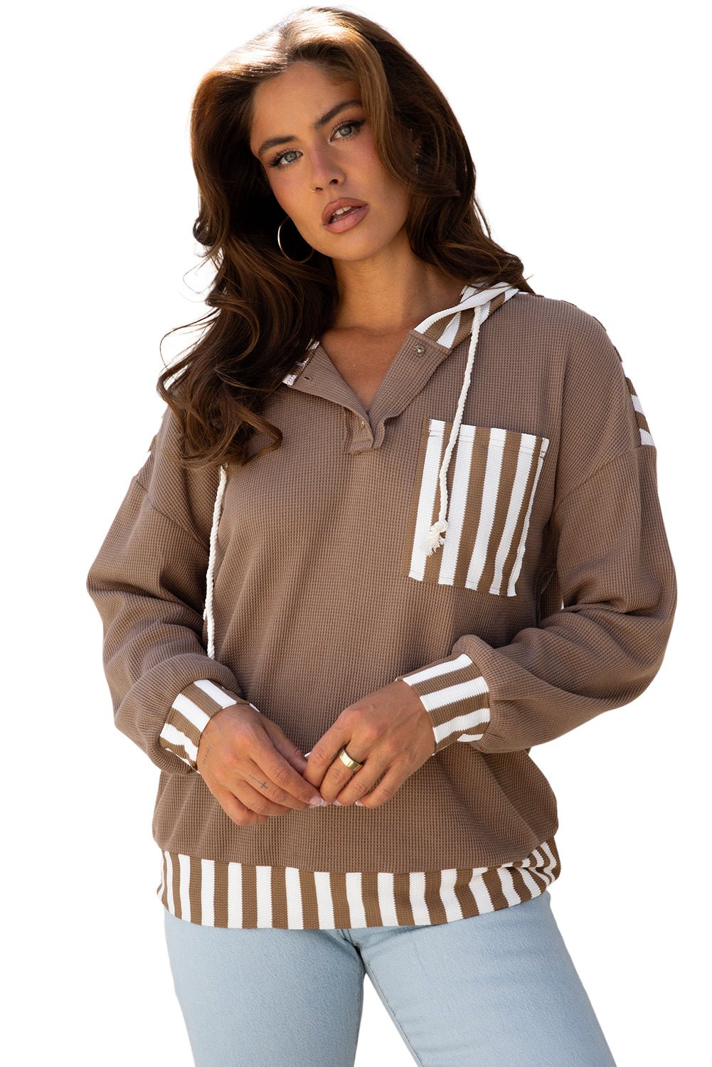 Crowned Energy CO. Straw Yellow / S / 75%Polyester+25%Cotton Dear-Lover Dropshipping Tops/Long Sleeve Tops Straw Yellow Waffle Texture Striped Patchwork Button Neck Drawstring Hoodie