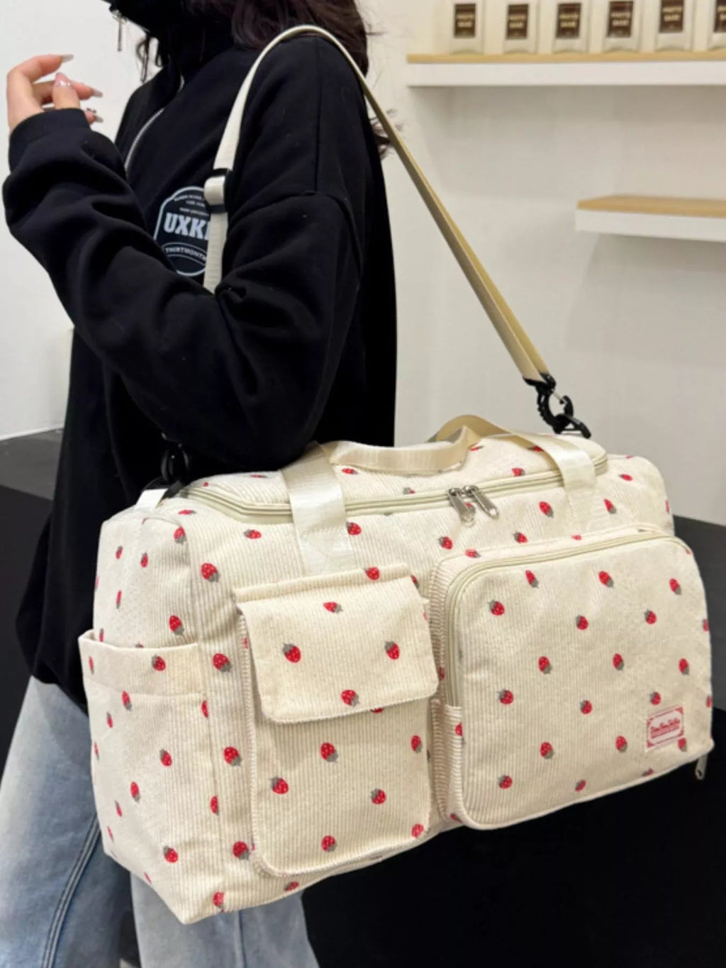 Strawberry Print Corduroy Travel Bag - Crowned Energy CO.
