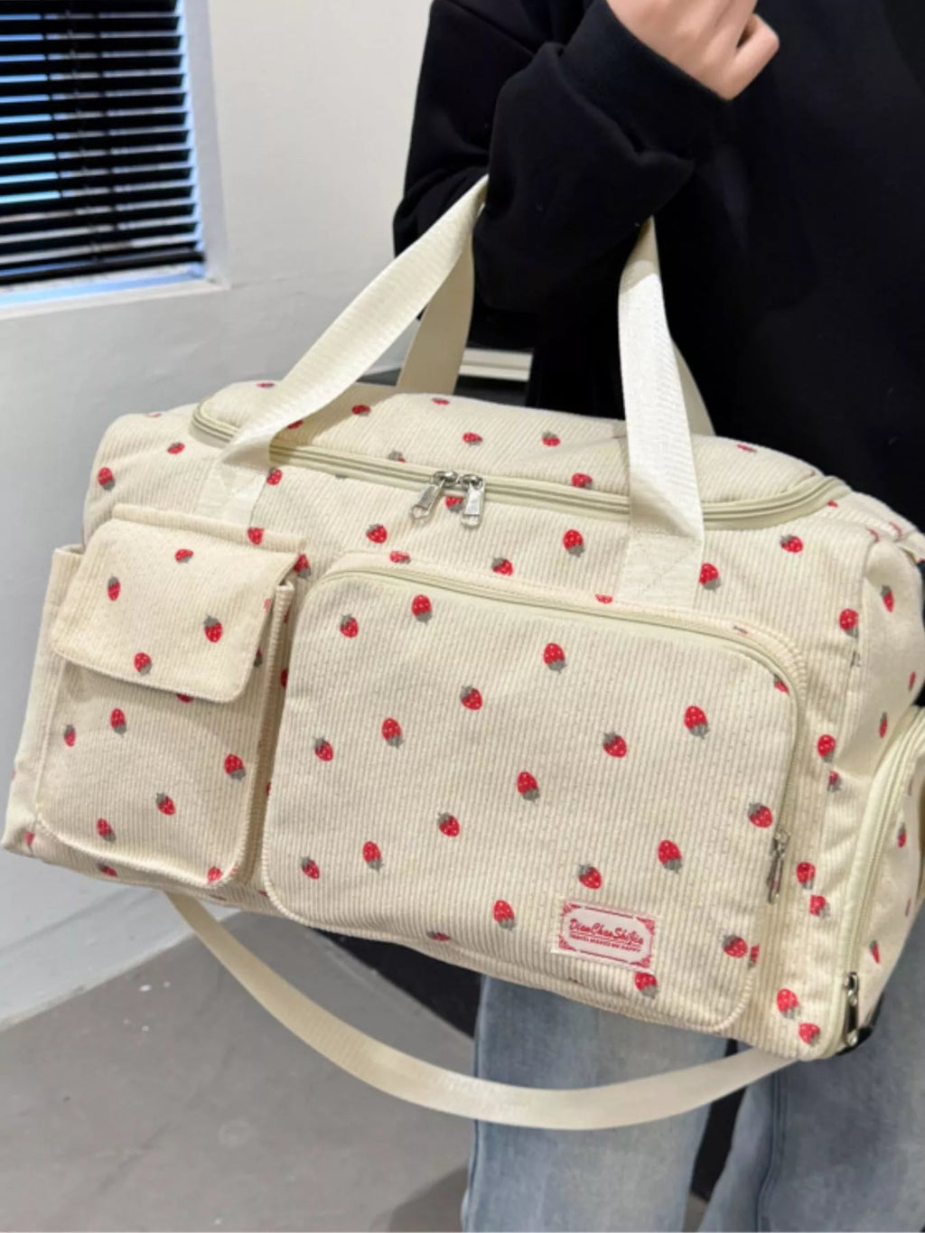 Strawberry Print Corduroy Travel Bag - Crowned Energy CO.
