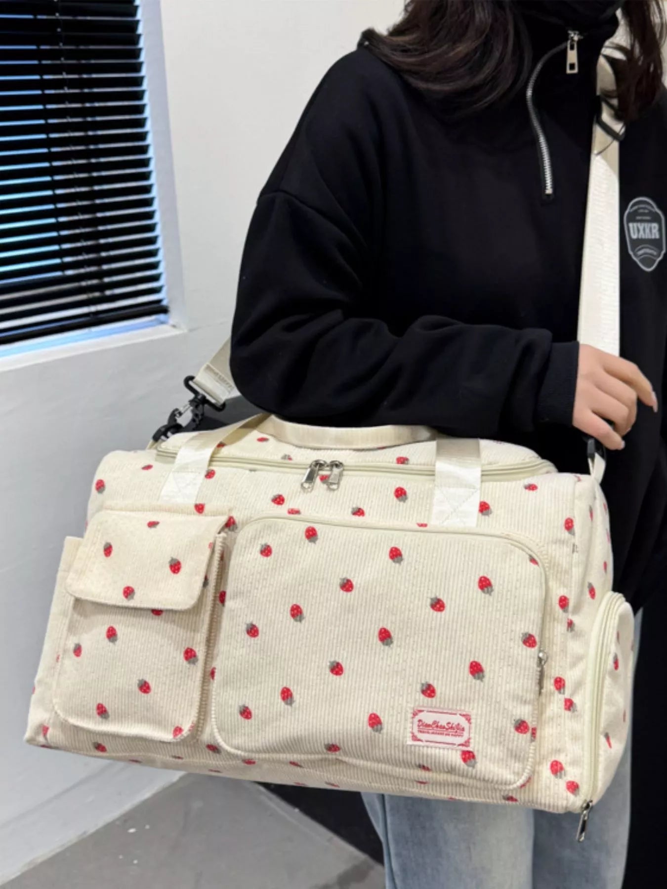 Strawberry Print Corduroy Travel Bag - Crowned Energy CO.