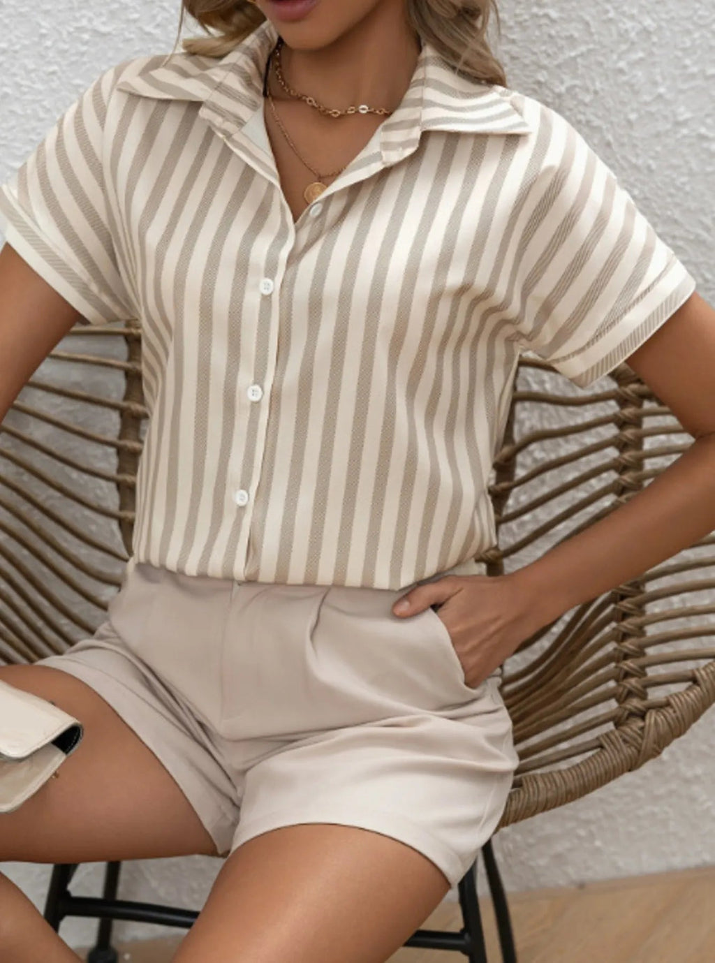 Crowned Energy CO. Apricot / S Trendsi Shirt Striped Collared Neck Short Sleeve Shirt