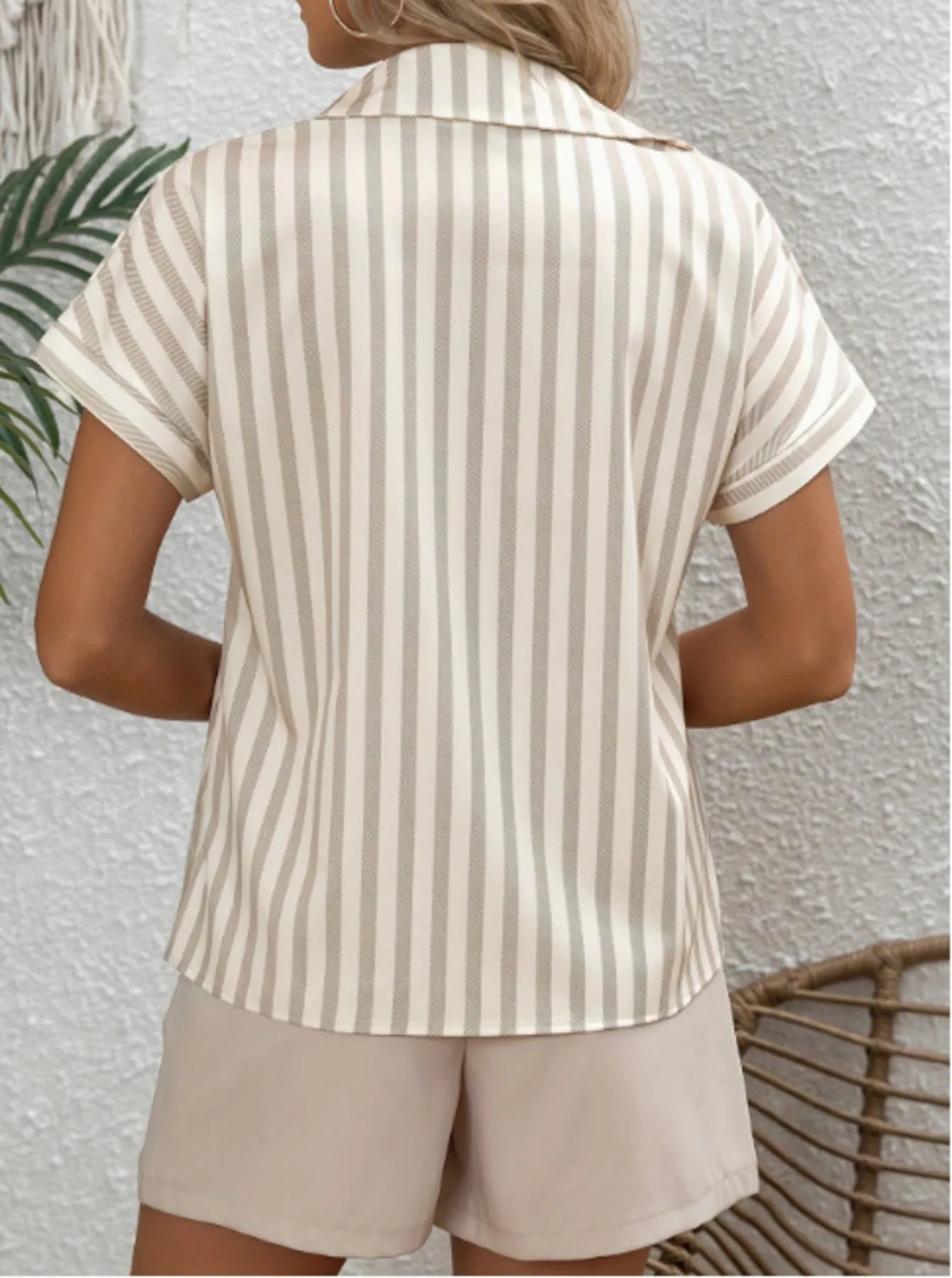 Crowned Energy CO. Apricot / S Trendsi Shirt Striped Collared Neck Short Sleeve Shirt