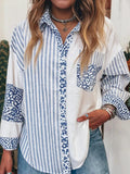 Crowned Energy CO. Light Blue / S Trendsi Shirt Striped Patchwork Button Down Shirt with Leopard Print Details