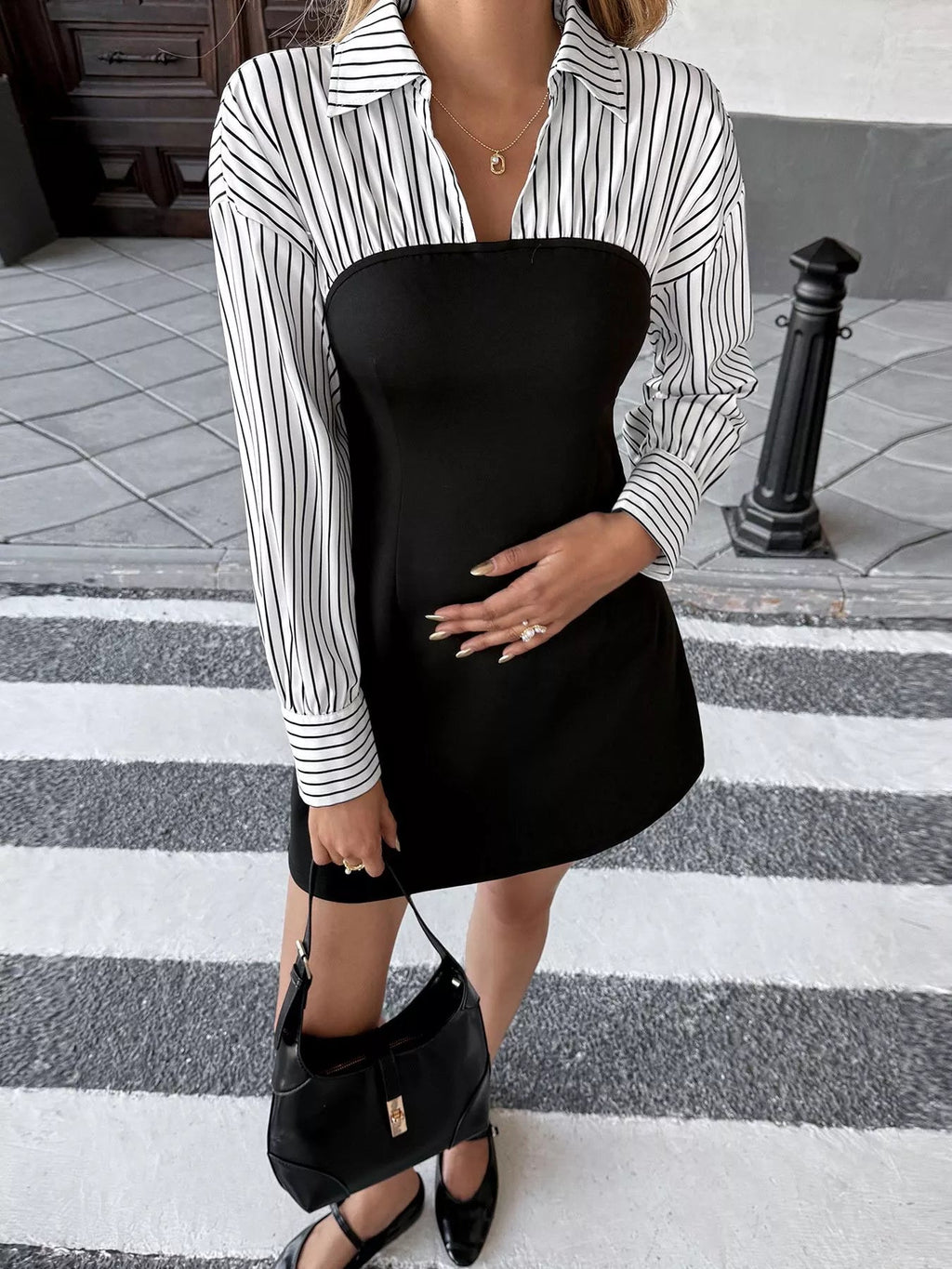 Striped Shirt Panel Bodycon Mini Dress - Crowned Energy CO.