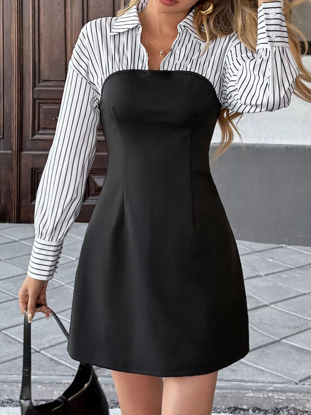 Striped Shirt Panel Bodycon Mini Dress - Crowned Energy CO.