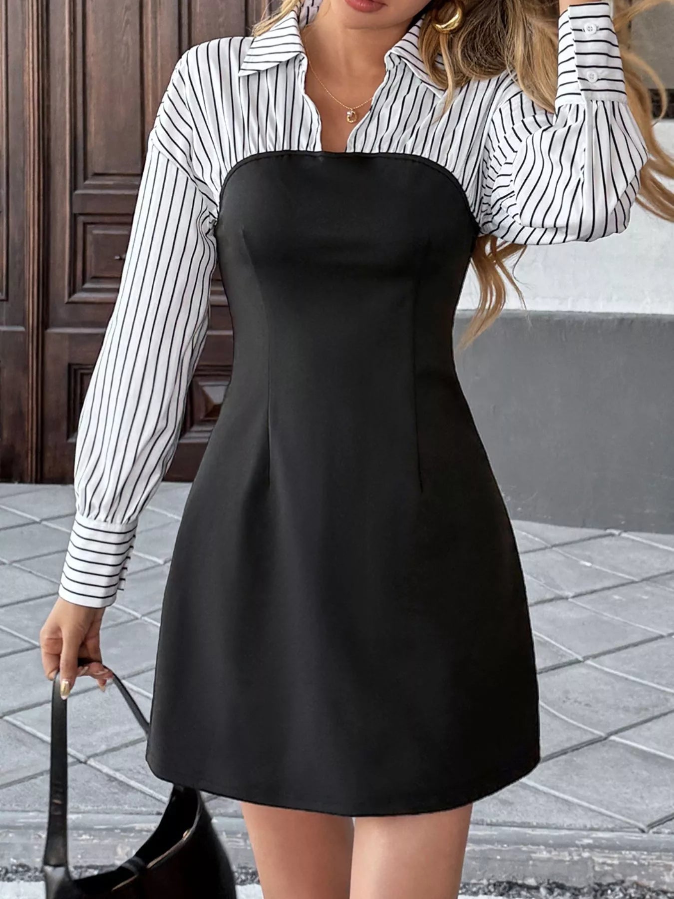 Striped Shirt Panel Bodycon Mini Dress - Crowned Energy CO.