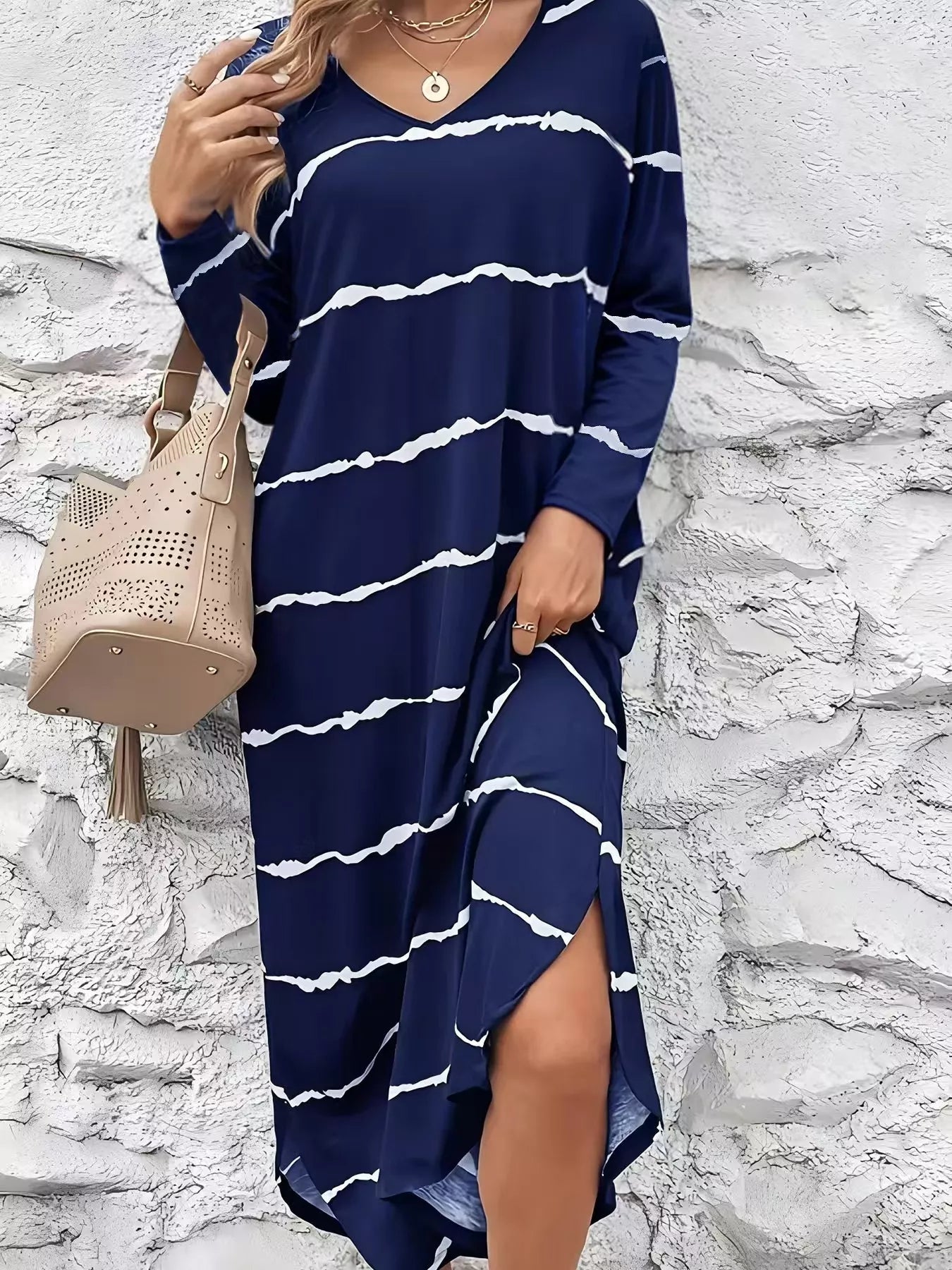 Crowned Energy CO. Navy / S Trendsi Dresses Striped V-Neck Long Sleeve Dress