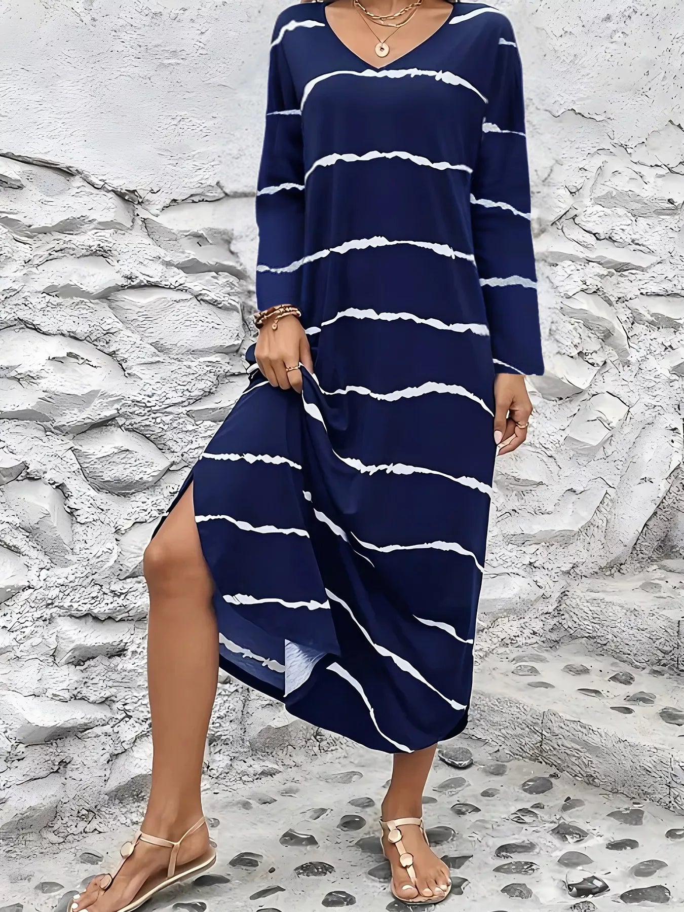 Crowned Energy CO. Navy / S Trendsi Dresses Striped V-Neck Long Sleeve Dress