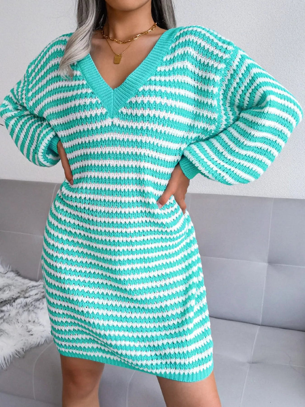 Crowned Energy CO. Pink / S Trendsi Dresses Striped V-Neck Long Sleeve Sweater Dress