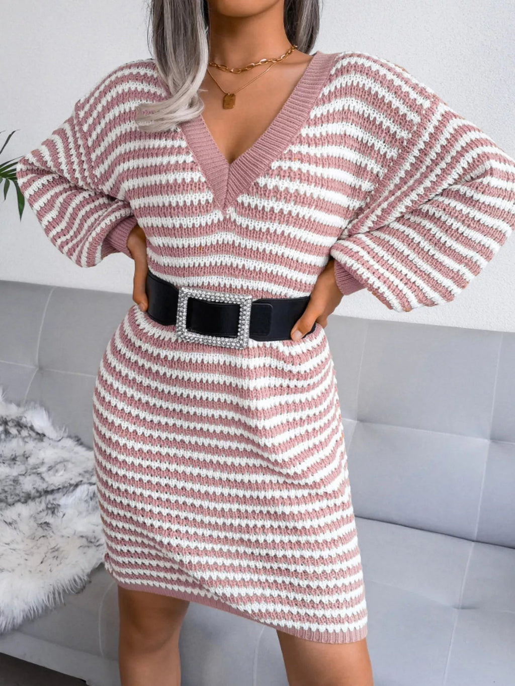 Crowned Energy CO. Pink / S Trendsi Dresses Striped V-Neck Long Sleeve Sweater Dress