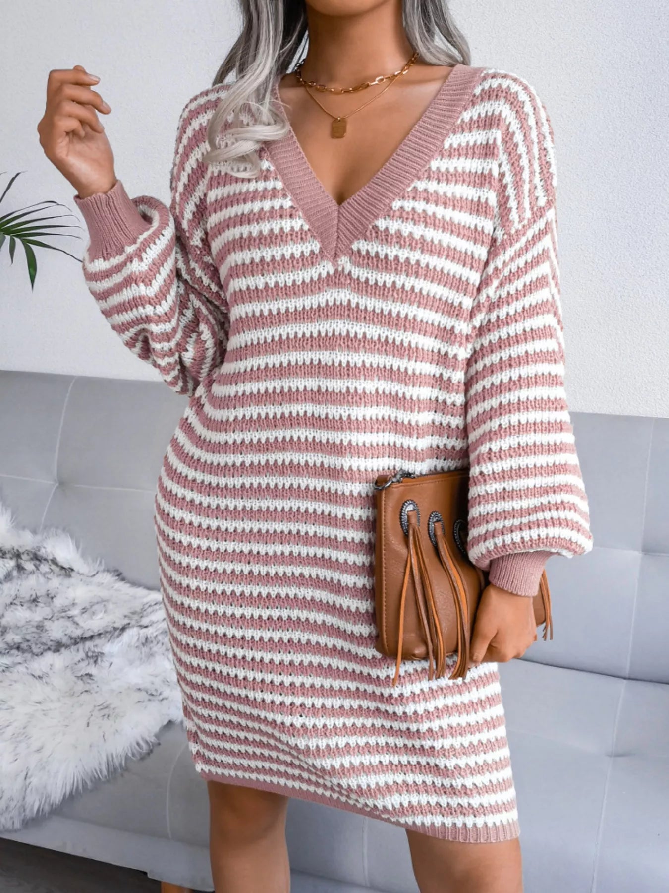 Crowned Energy CO. Pink / S Trendsi Dresses Striped V-Neck Long Sleeve Sweater Dress
