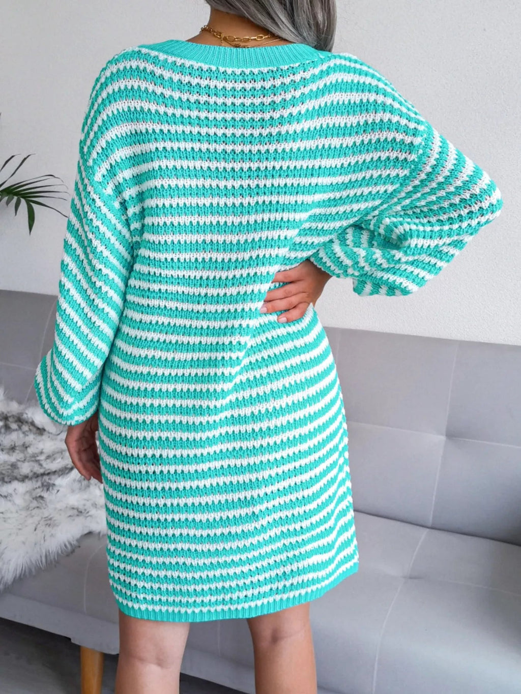 Crowned Energy CO. Pink / S Trendsi Dresses Striped V-Neck Long Sleeve Sweater Dress