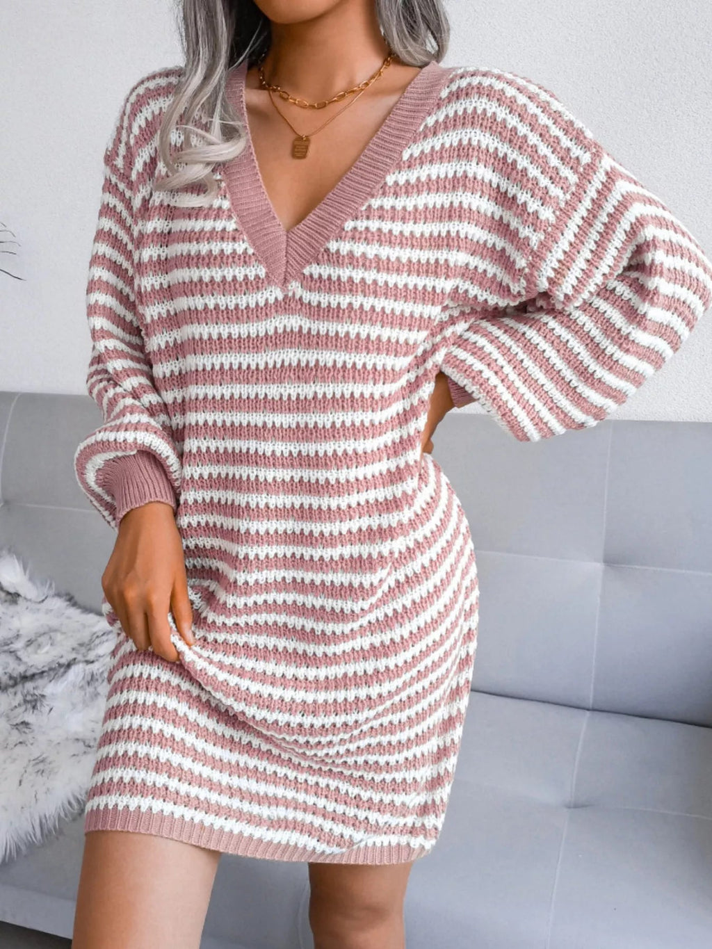 Crowned Energy CO. Pink / S Trendsi Dresses Striped V-Neck Long Sleeve Sweater Dress