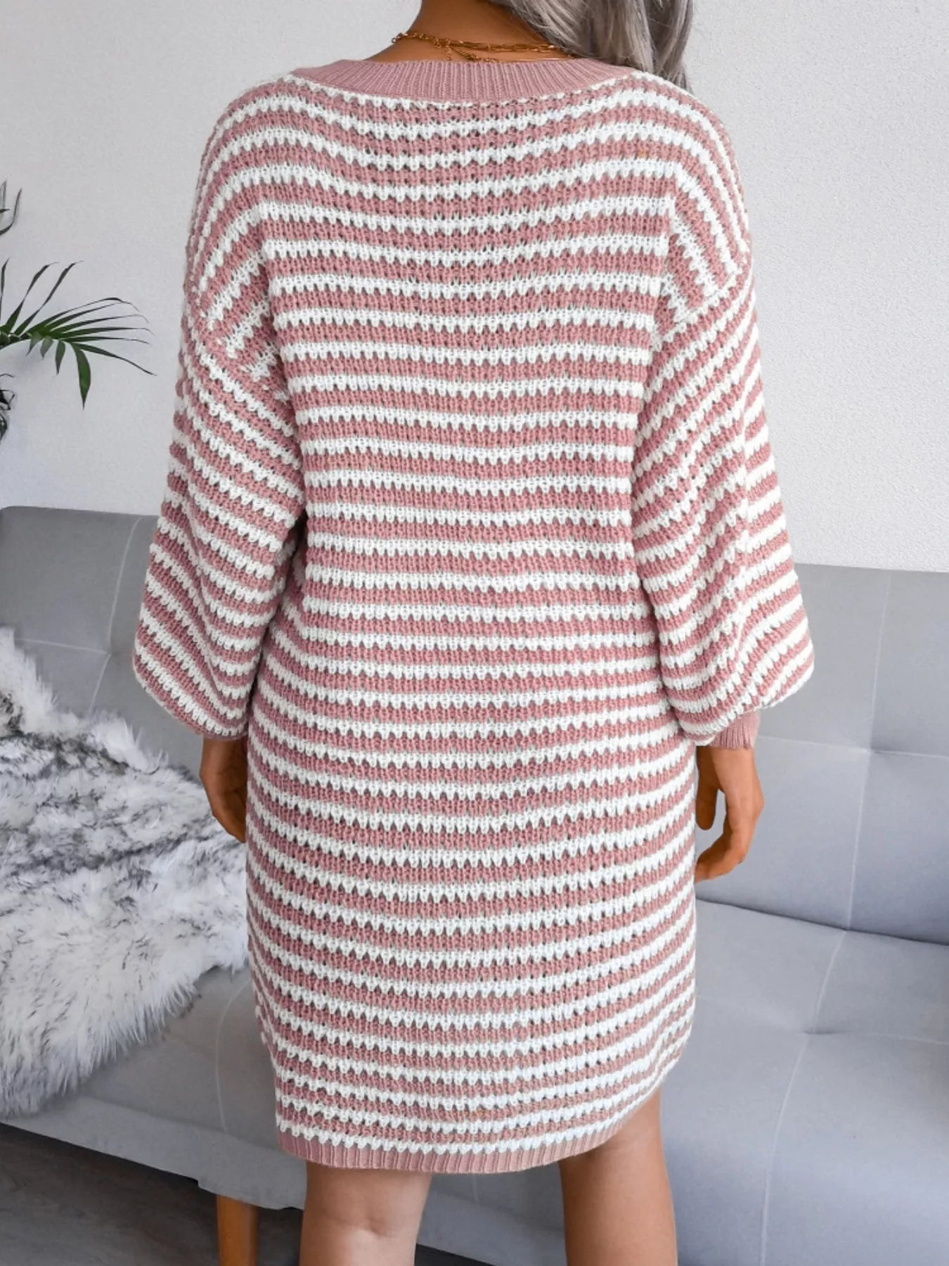 Crowned Energy CO. Pink / S Trendsi Dresses Striped V-Neck Long Sleeve Sweater Dress