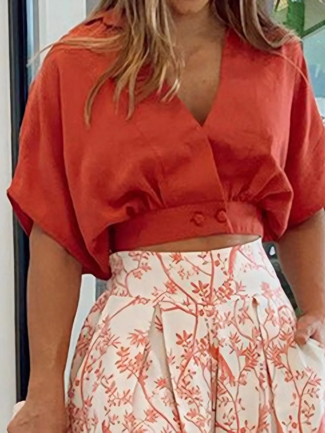 Crowned Energy CO. Orange-Red / S Trendsi Bottoms/Jeans Surplice Top and High Waist Pants Set