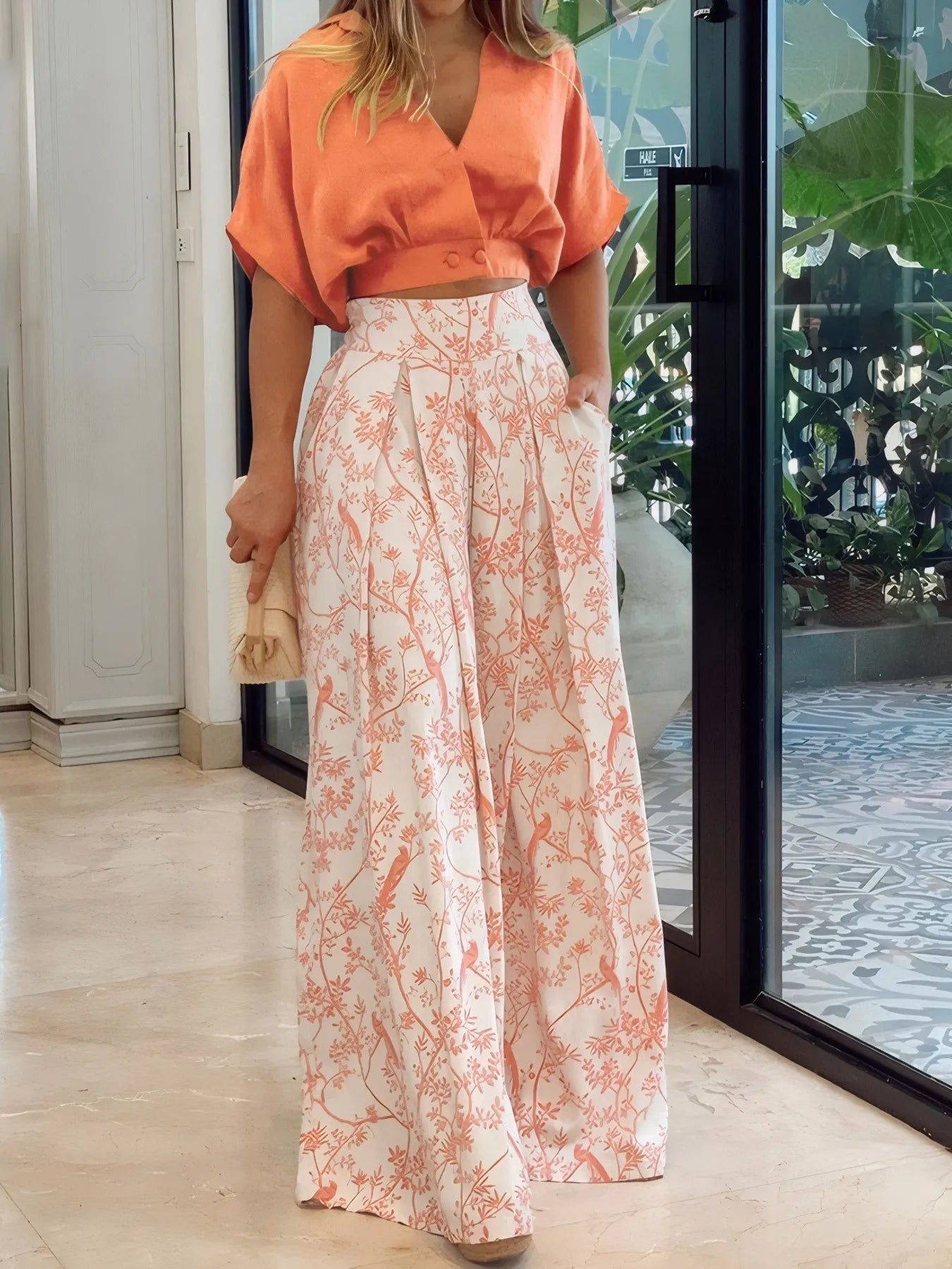 Crowned Energy CO. Sherbet / S Trendsi Bottoms/Jeans Surplice Top and High Waist Pants Set