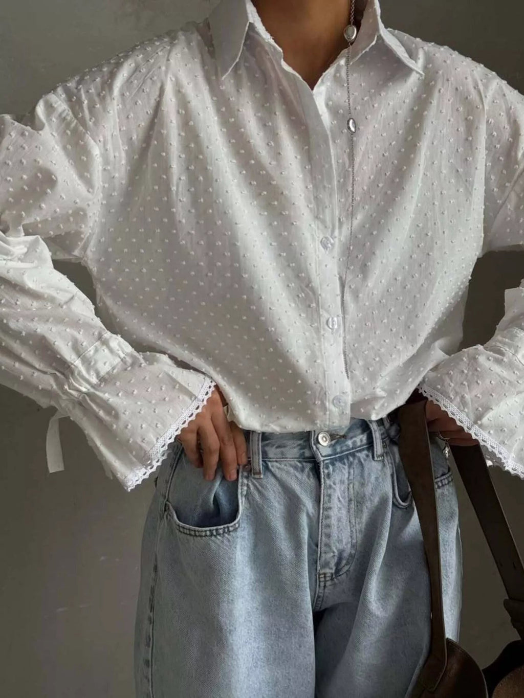 Crowned Energy CO. White / S Trendsi Shirt Swiss Dot Flounce Sleeve Shirt