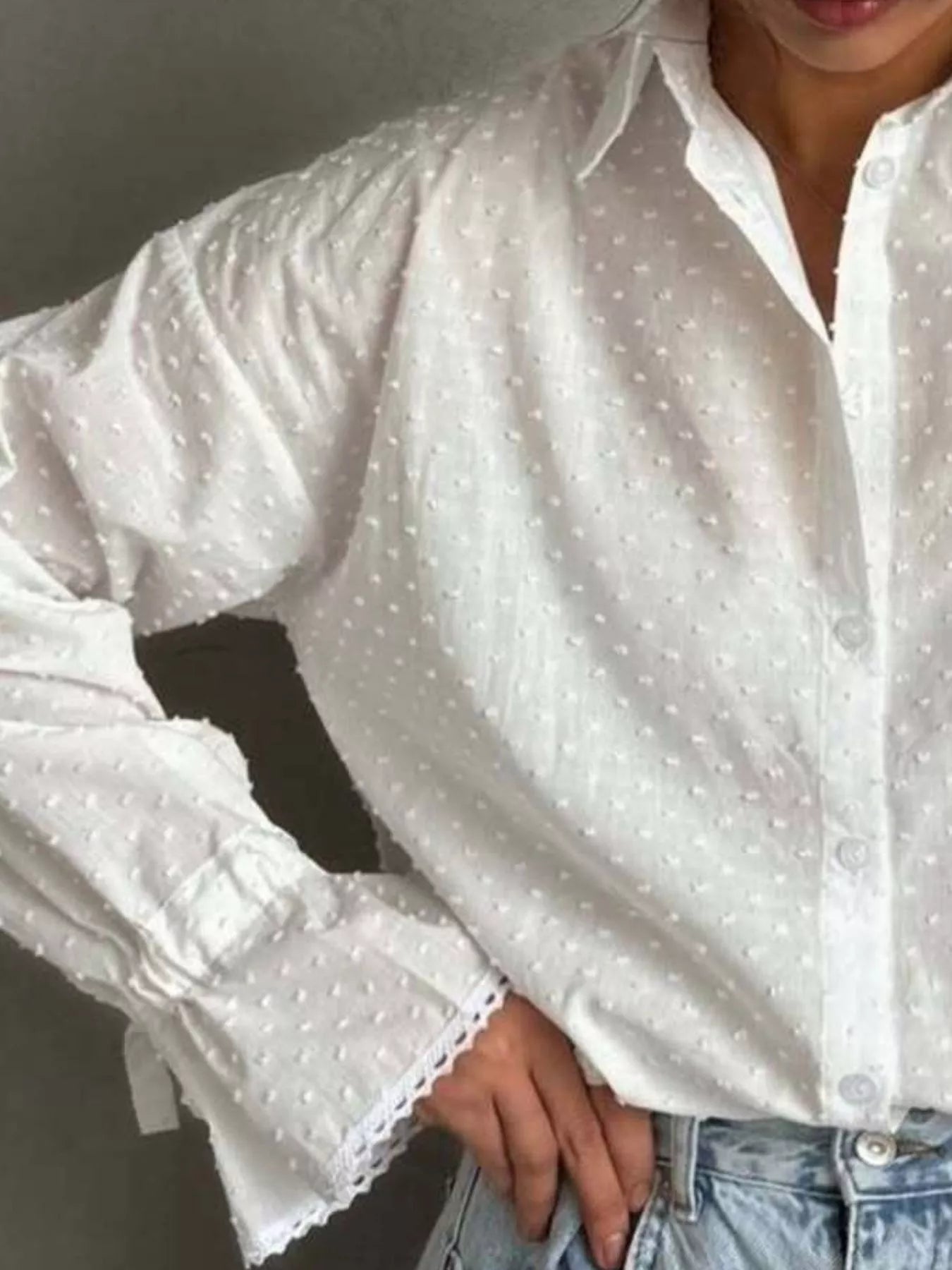 Crowned Energy CO. White / S Trendsi Shirt Swiss Dot Flounce Sleeve Shirt